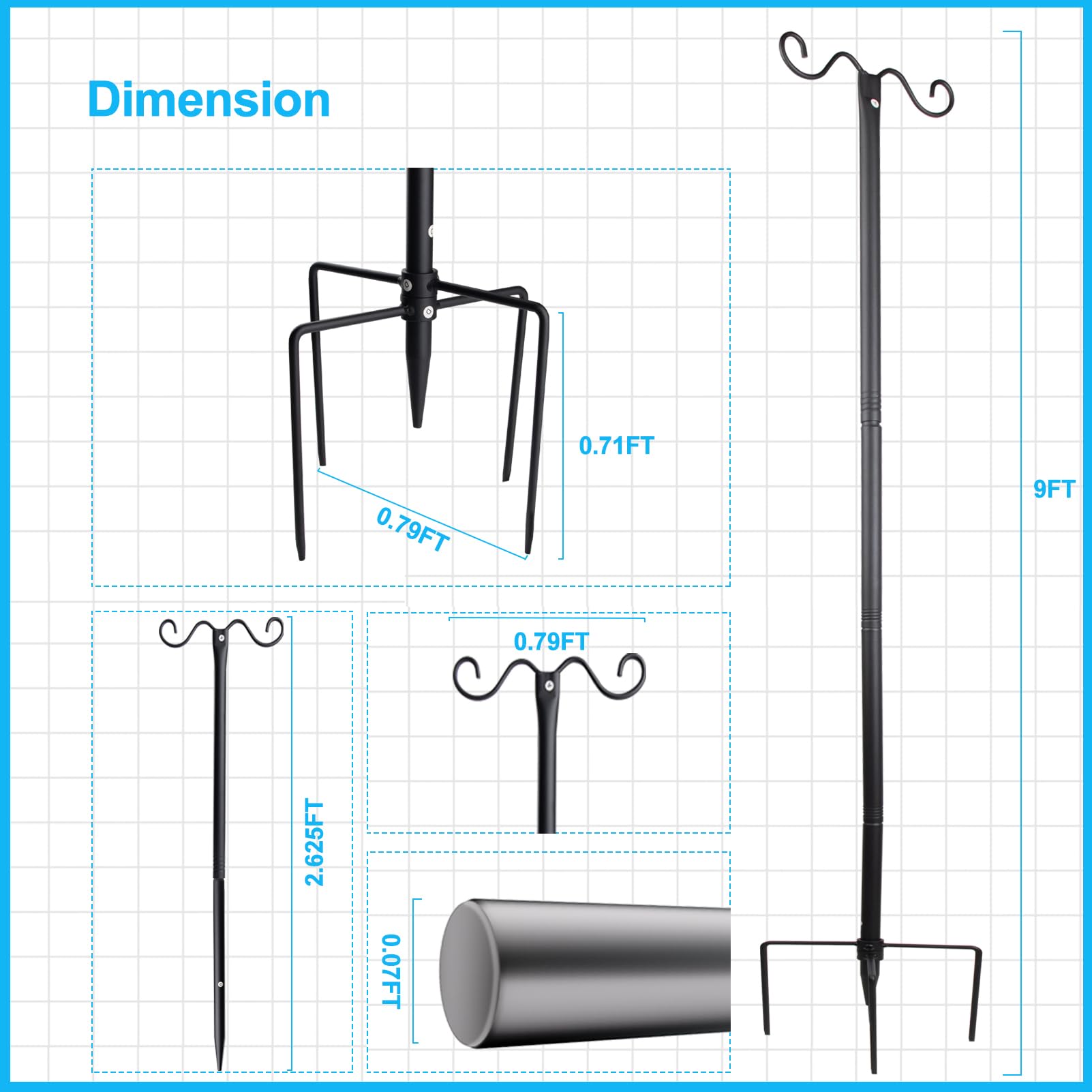 Lightdot Outdoor String Light Poles, 9FT Metal Patio Stand, 3Pack, Black, Model LSTM-G40-H