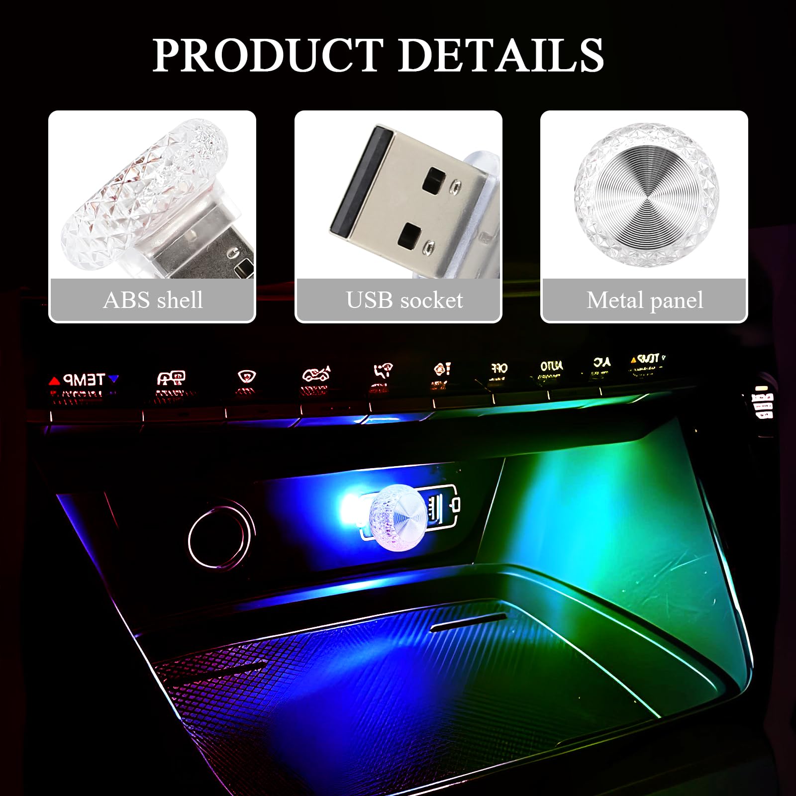 Hovom 4Pcs Usb Led Car Interior Atmosphere Lamp  Portable Mini Car Led Night Light Decoration  Plug-In Usb Automotive Ambient Lighting Kit  Universal For Cars Suvs Trucks Rvs (Multicolor Slow Flash)