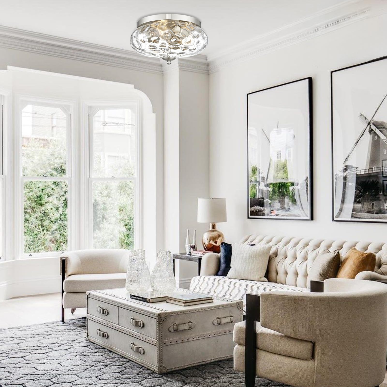 Darkaway Farmhouse Ceiling Light Fixtures Flush Mount Indoor Outdoor Ceiling Light With Water Ripple Glass Shade For Hallway Kit