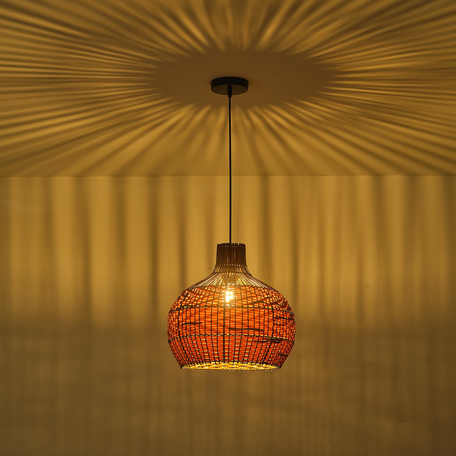 Teru Ji Kaikang 15" Rattan Pendant Light, 3-Light Hand-Woven Boho Chandelier, Black Brown Faux Rattan for Living Room, Kitchen, Dining