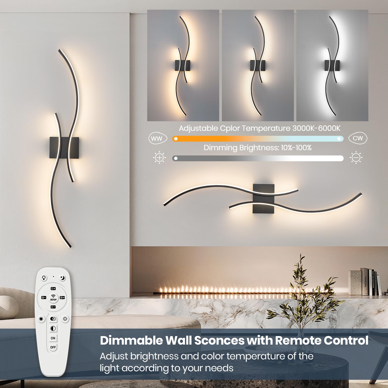 CANEOE Modern Wall Sconce Set of 2, Dimmable LED Lighting, Hardwired Black Aluminum, 39 Inch, Remote Control, Model WL-SBLBK-D-2P