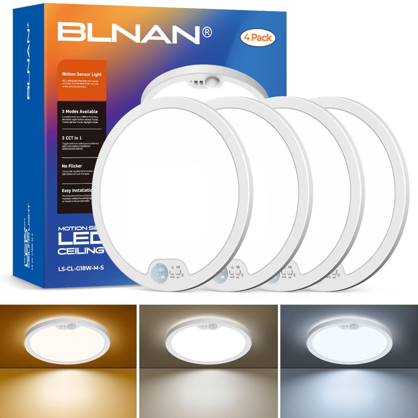 BLNAN Motion Sensor Ceiling Light, 8.7 Inch, 3000K/4000K/5000K, White, 4 Pack, Model LS-CL-G18W-M