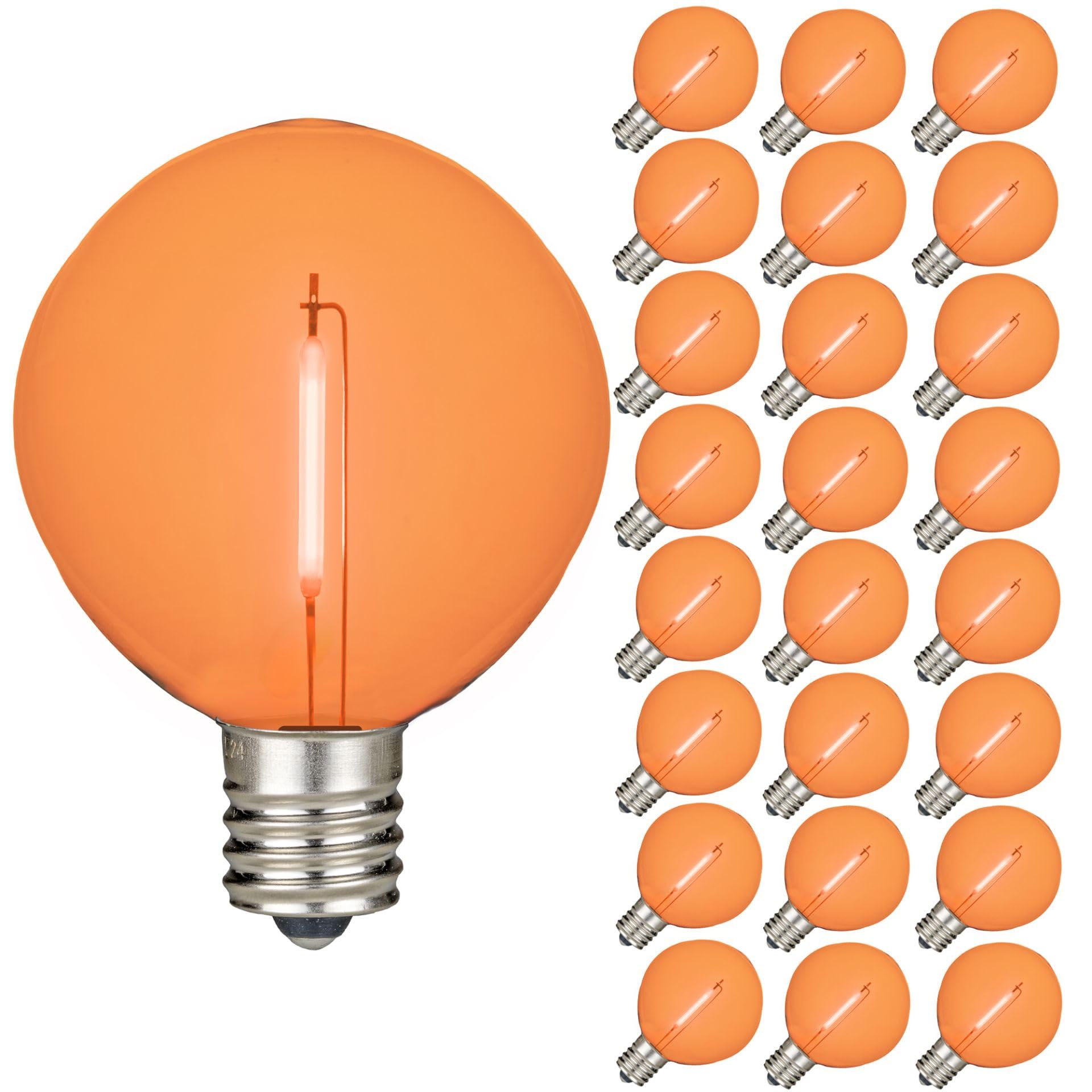 Novelty Lights 25 Pack Orange G50 LED Filament String Light Bulbs  E17/C9 Intermediate Base  7 Watt Equivalent  Shatterproof Replacement Bulbs for Patios  Canopy Lighting