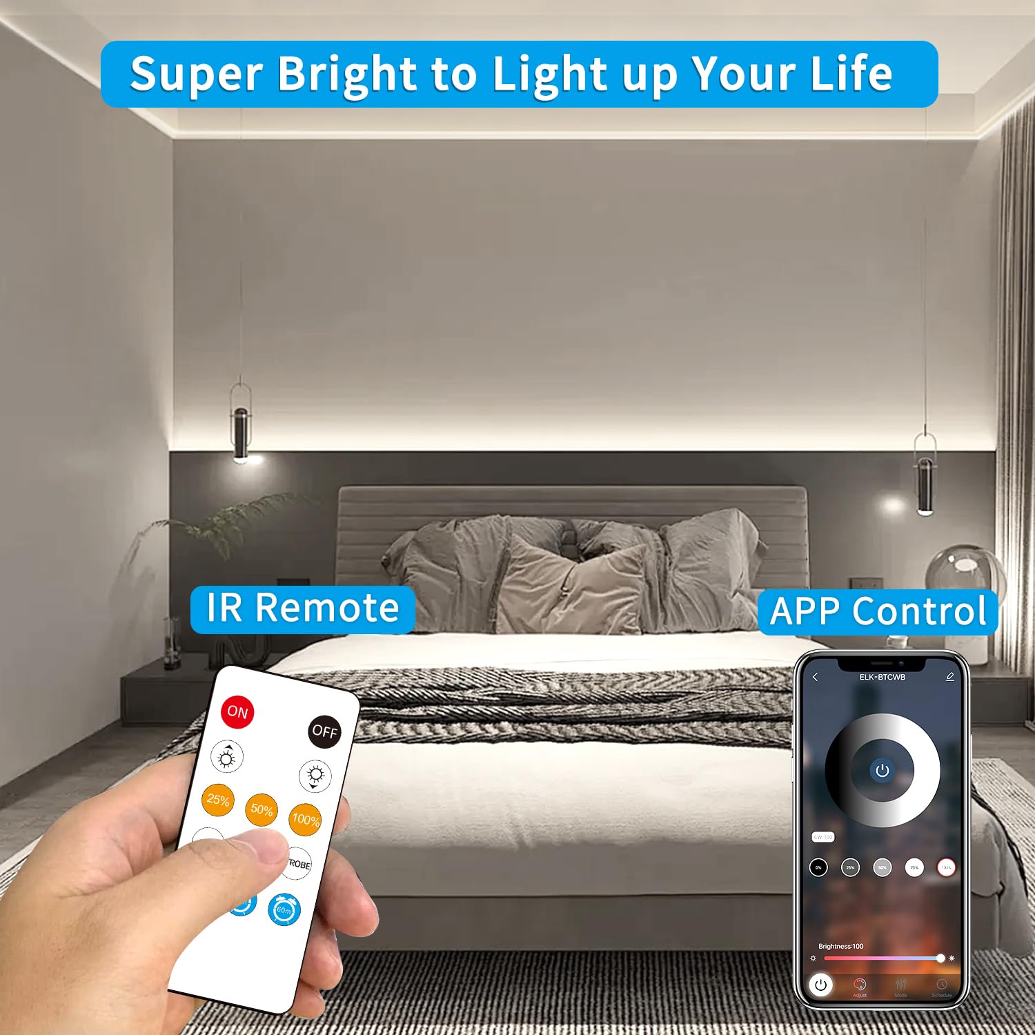Yeewhale 100ft COB LED Strip Lights, Dimmable 6000K White, Flexible LED Tape Light with Remote and App Control, Model Yeewhale-100cobW01