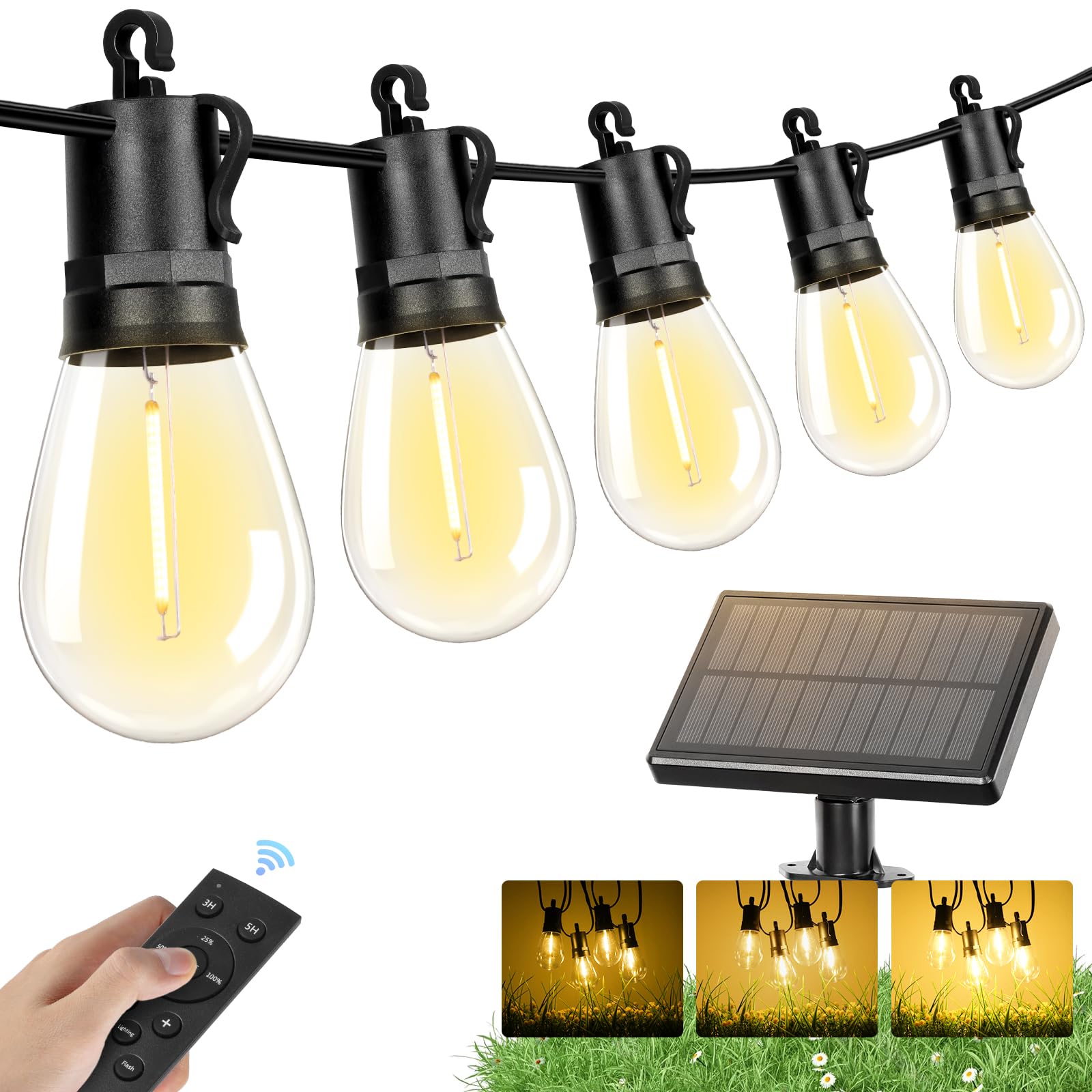 Brightever Solar Powered Outdoor String Lights With Remote, 27Ft Commercial Grade Waterproof Solar Patio Lights, 12+1 Shatterpro