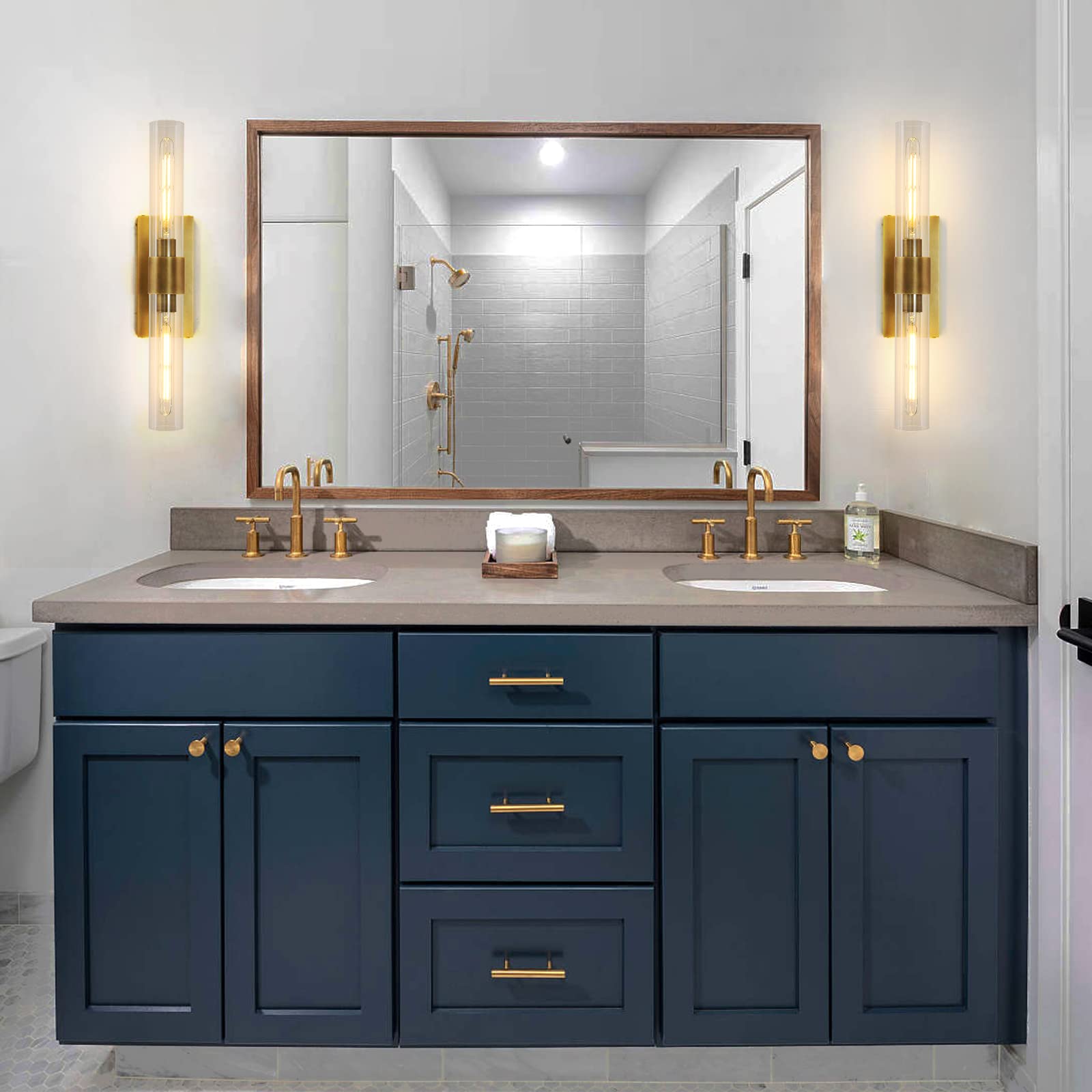 Brass Wall Sconces, 22.8" Bathroom Wall Sconce, Antique Brass Wall Sconces Set Of 2, 2-Light Dimmable Wall Sconce, Sconces Wall Lighting With Glass, Bathroom Vanity Light, Tube Sconce For Living Room