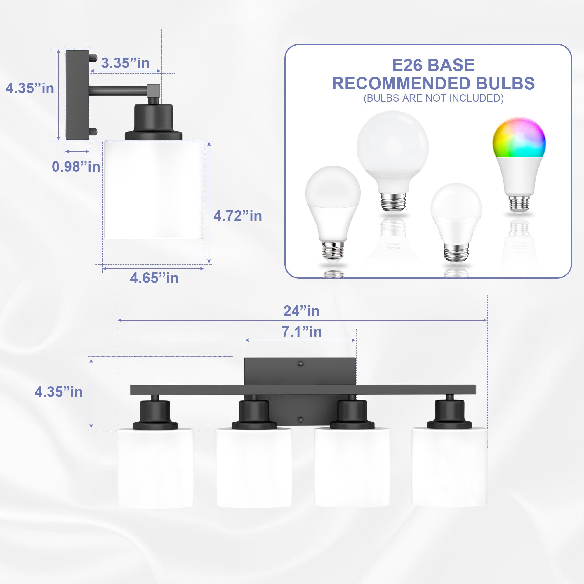 Dekang 4-Light Bathroom Vanity Light, Black Anti-Rust Sconces With Milky Glass Shades