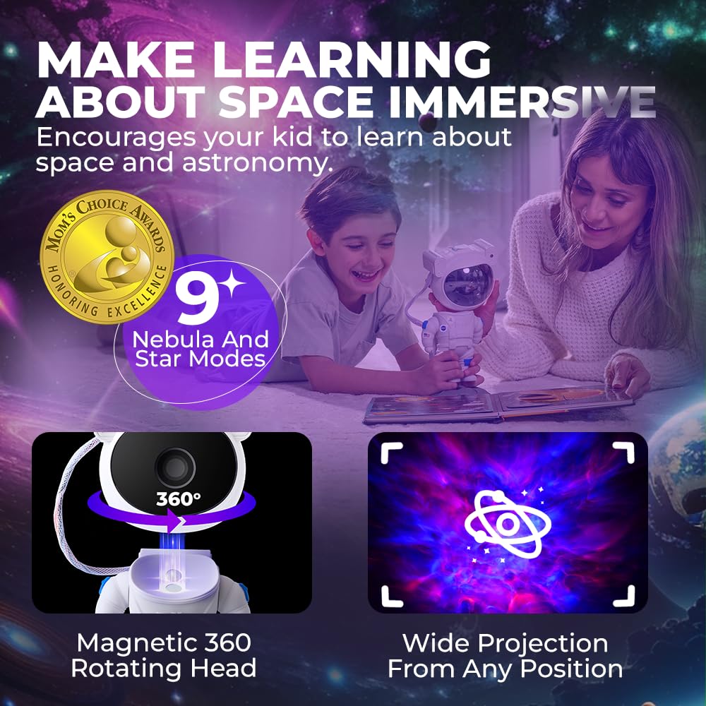 Mind-Glowing Astronaut Galaxy Projector - Remote & Timer - Dimmable Blue Night Light for Kids - Model MGALP-01