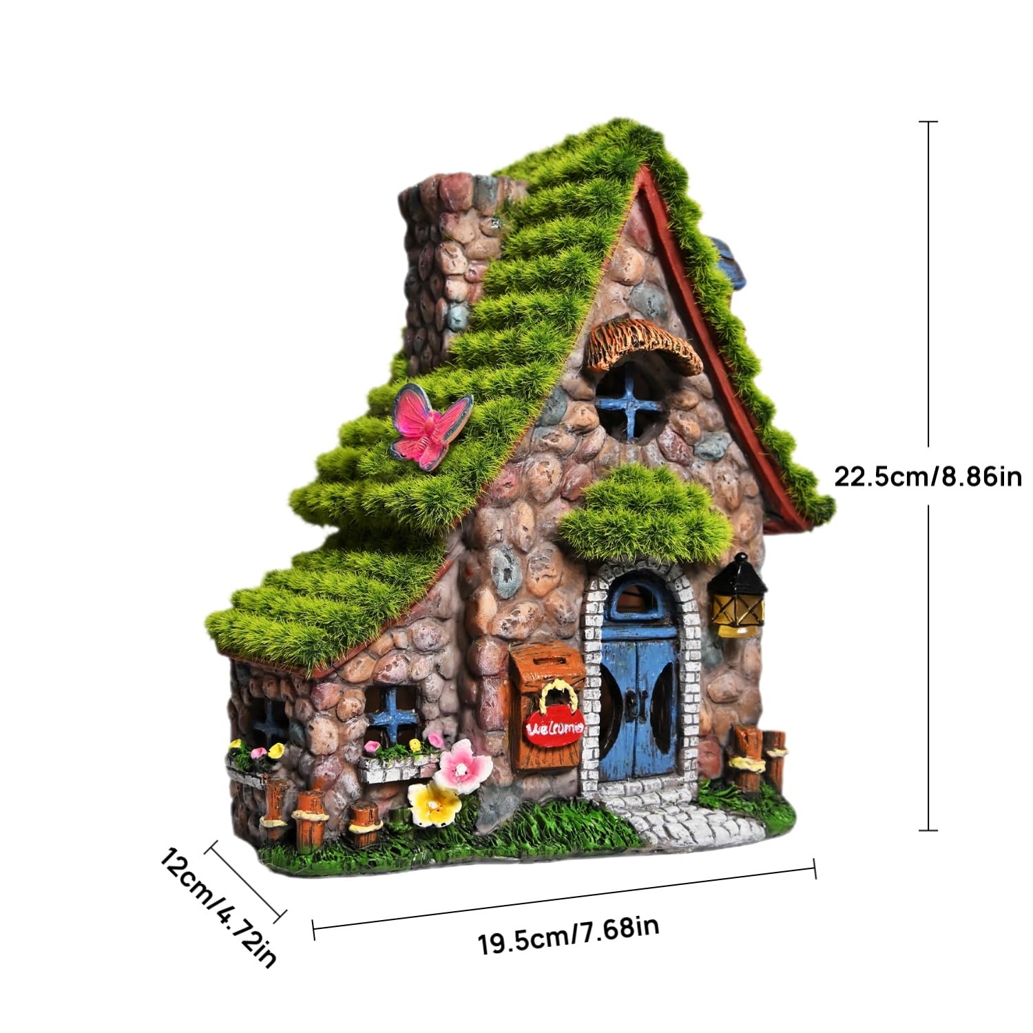 ASAWASA Fairy House Statue with Solar Lights, Resin Garden Sculpture, Double House Decor