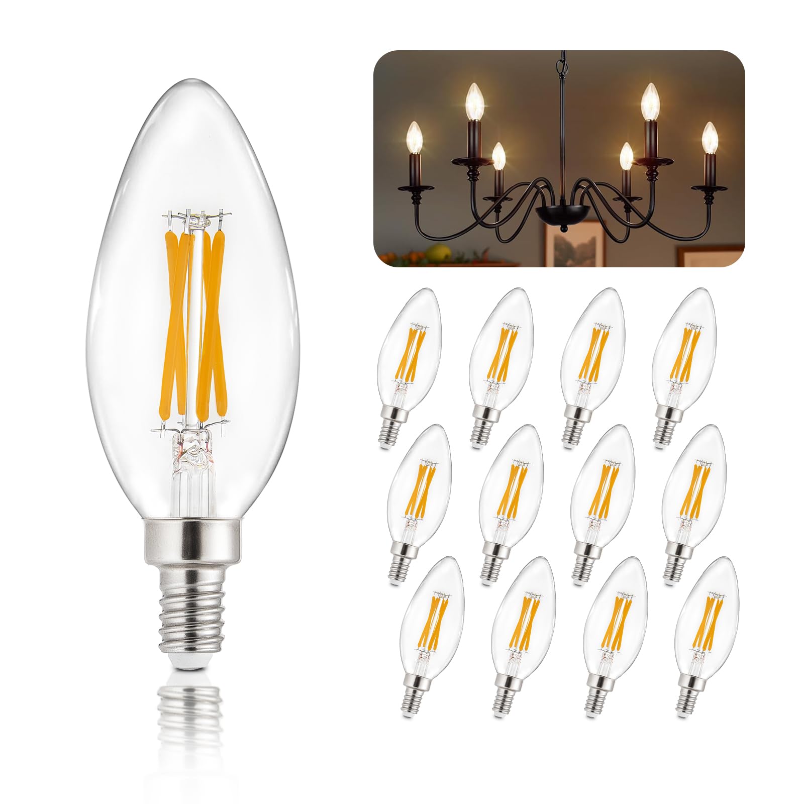 Depuley LED Light Bulbs E12: Candelabra Candle Light Bulb 4W Equivalent 40W Incandescent - LED Chandelier Light Bulbs 2700K Soft White - C35 Clear Filament Bulb E12 Base 500 LM 90+ CRI 12 Pack