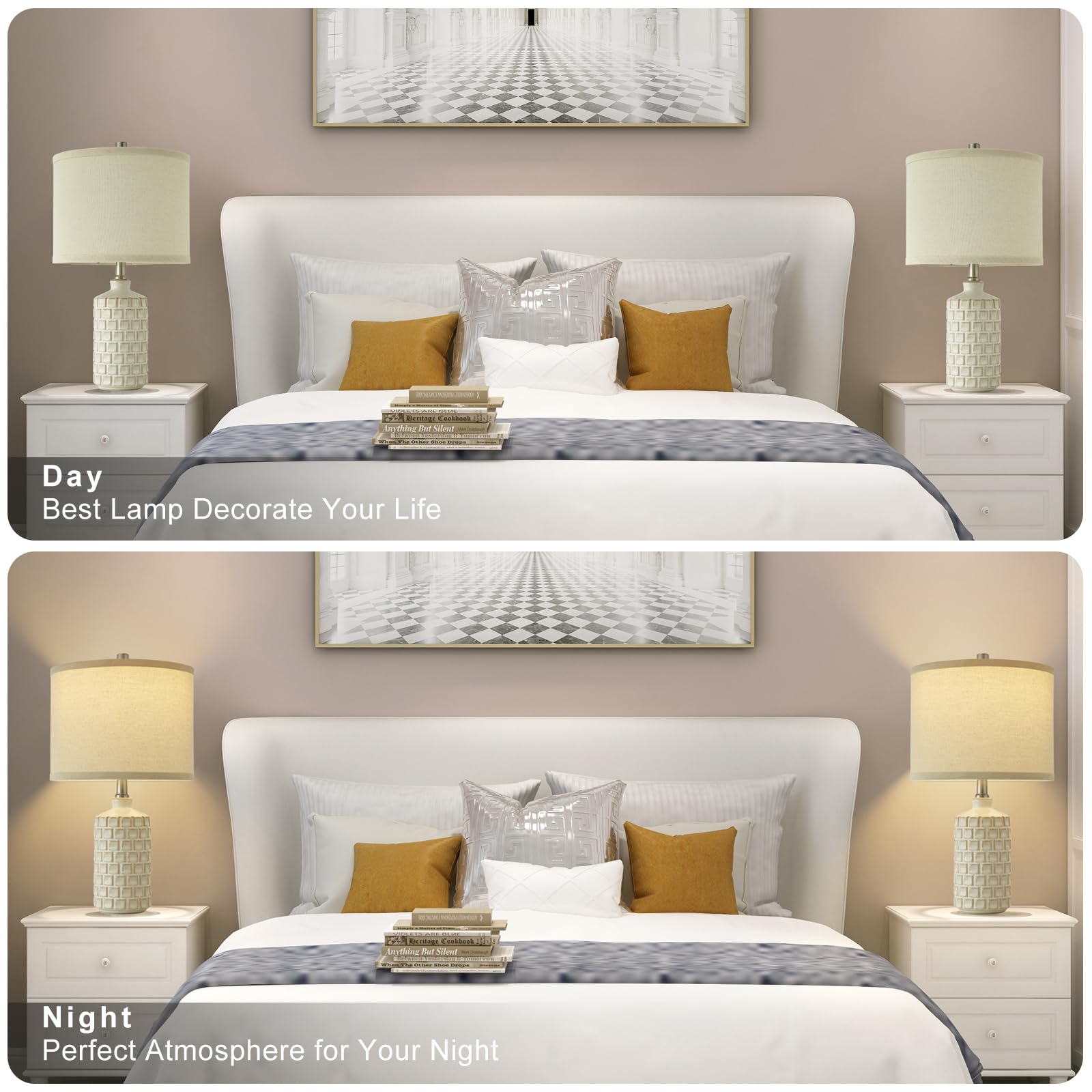 Luvkczc Vintage Farmhouse Table Lamp Set Of 2, Grid Nightstand Lamp With Eye-Protecting Fabric Shade, 3-Color Temperature&2 Bulb