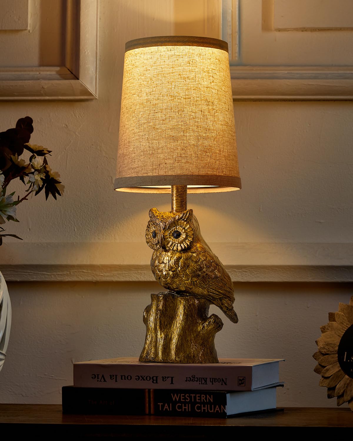 G-SAFAVA Small Table Lamp - 14.25" Gold Owl Design, Rustic Resin, Perfect for Living Room & Bedroom Nightstand