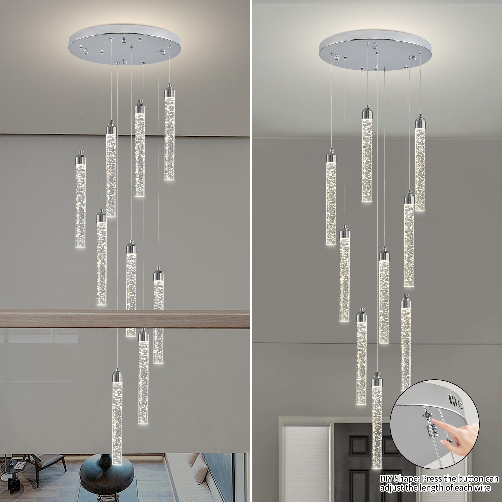 YwueChwu Crystal Staircase Chandelier, 9 Lights, Dimmable LED, Silver, Model YWSC-S09-0116
