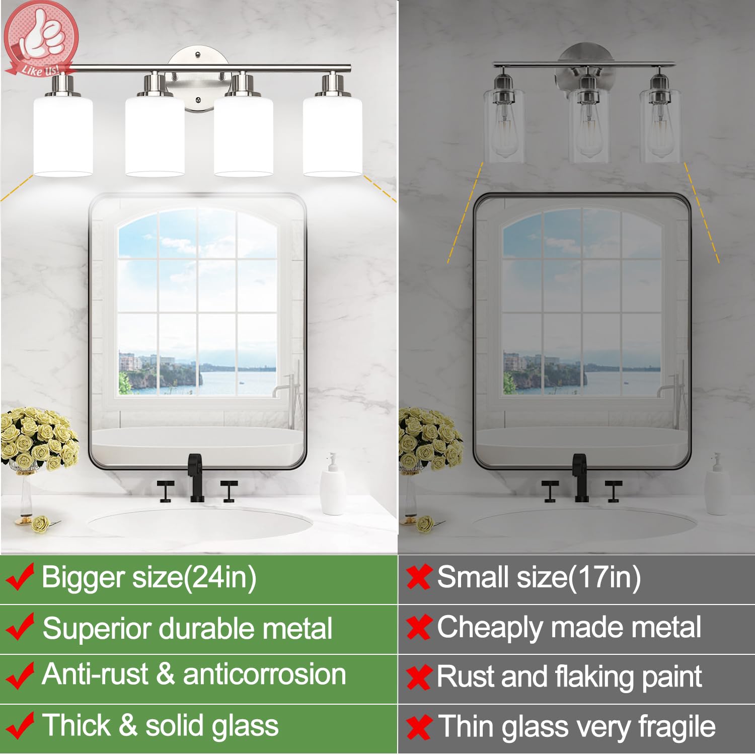 Zarbitta 4-Light Bathroom Light Fixtures, Brushed Nickel Vanity Lights with Frosted Glass Shades, Model OMTYX-016