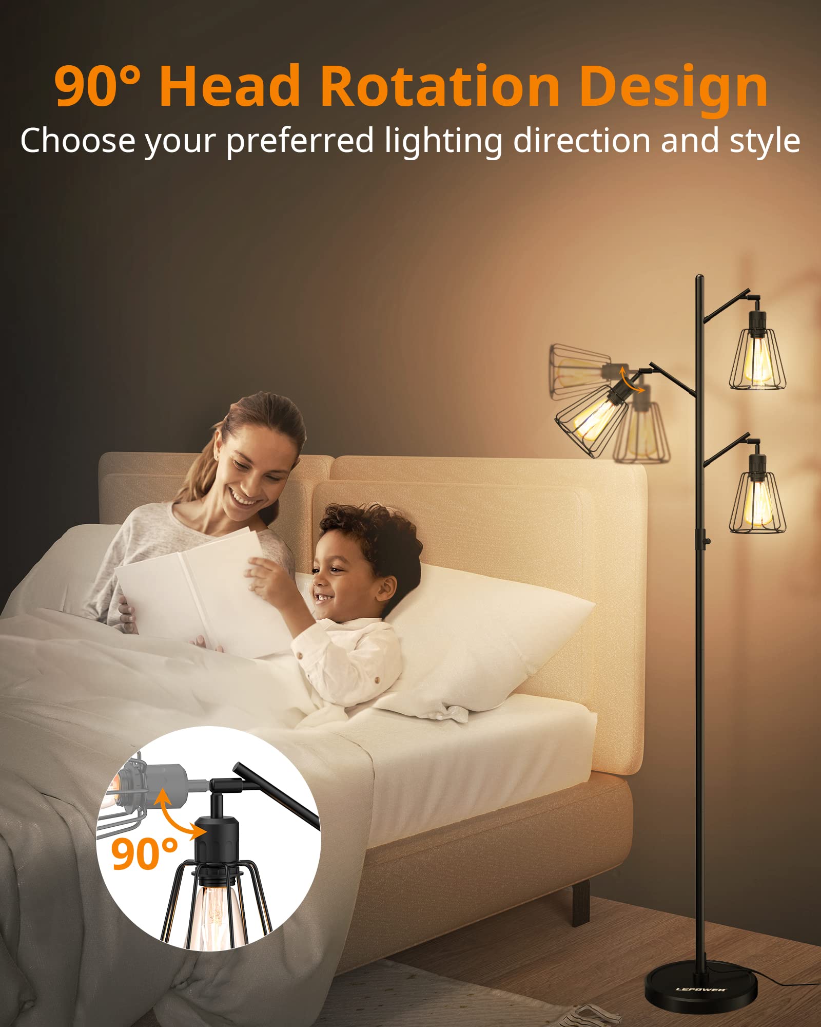 LEPOWER Industrial Floor Lamp, Dimmable 3 x 800LM LED, Black Metal, Model LP-US-IDFL-AS-03