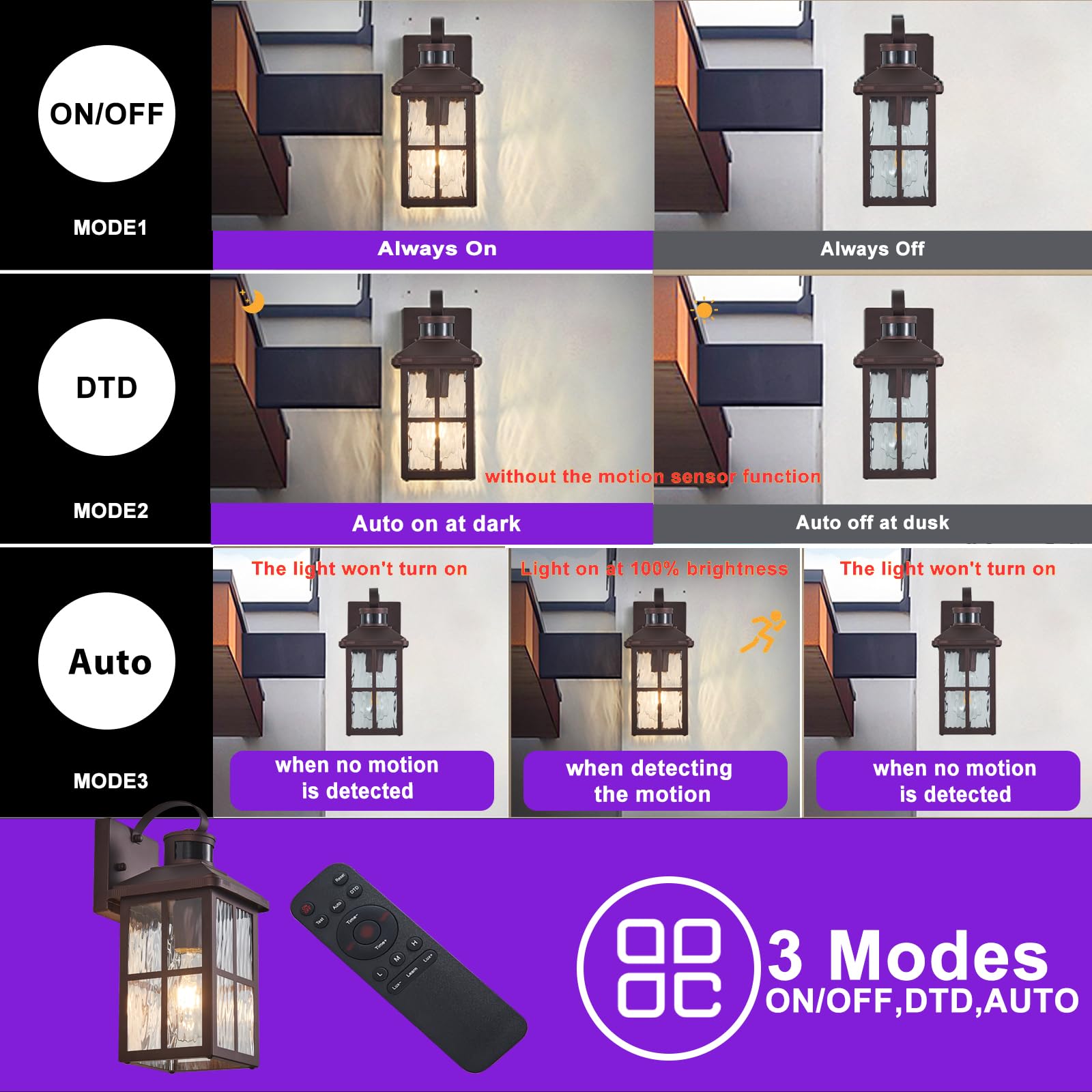 YJXGDIL Outdoor Porch Lights with Remote Control, Motion Sensor, 4 Lighting Modes, 2 Pack, Bronze RW, Metal, Model H2001-2G-RW