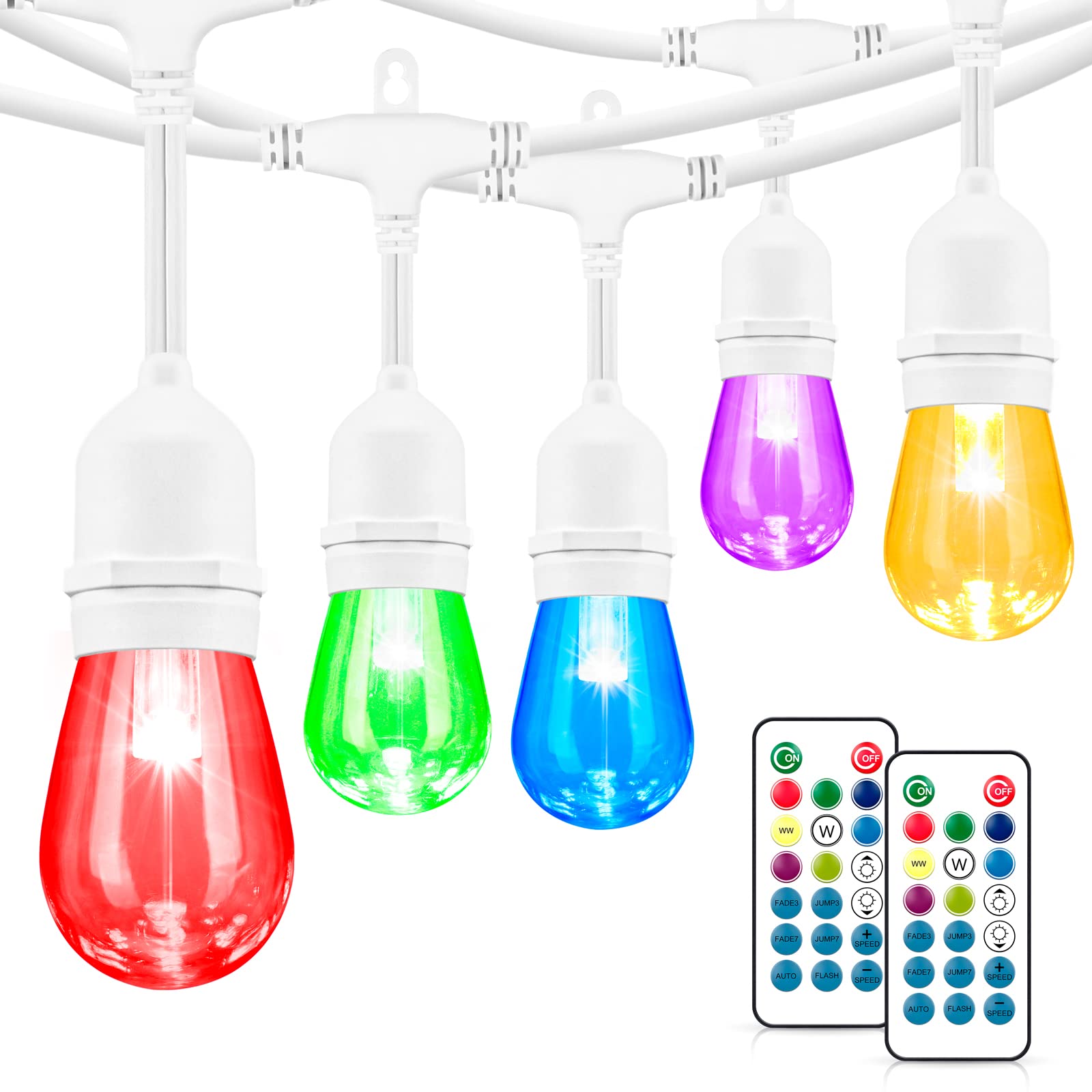 Mlambert 48FT Outdoor Patio RGB String Lights, Dimmable, 15 Shatterproof Bulbs, White, Model GLS22C2RGBW-SC-15