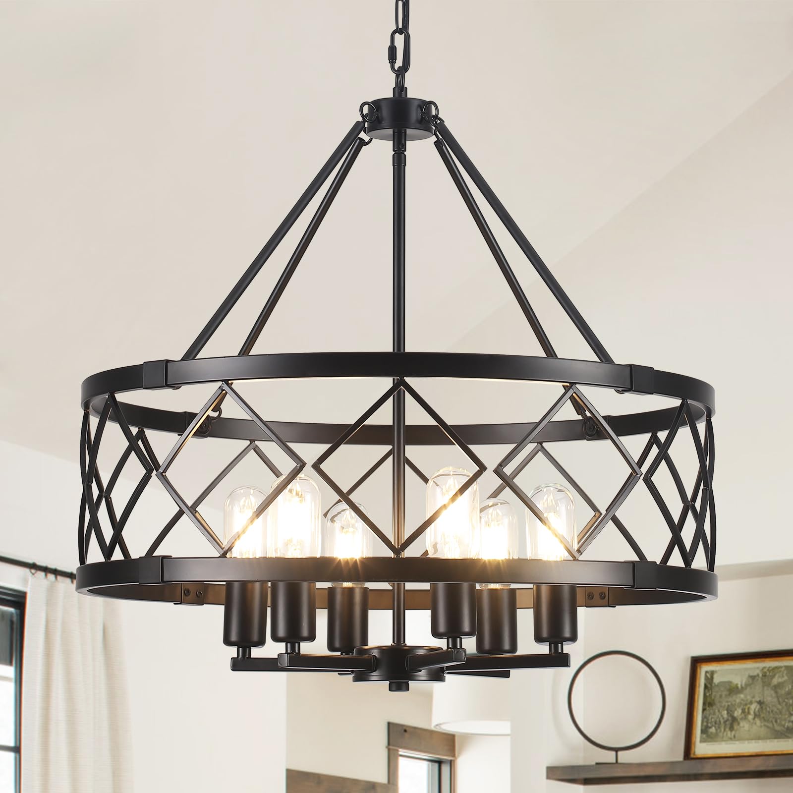 LJHhowe 6-Light Farmhouse Chandelier for Dining Room Light Fixture Over Table 21.65'' Black Modern Chandelier Kitchen Island Lig