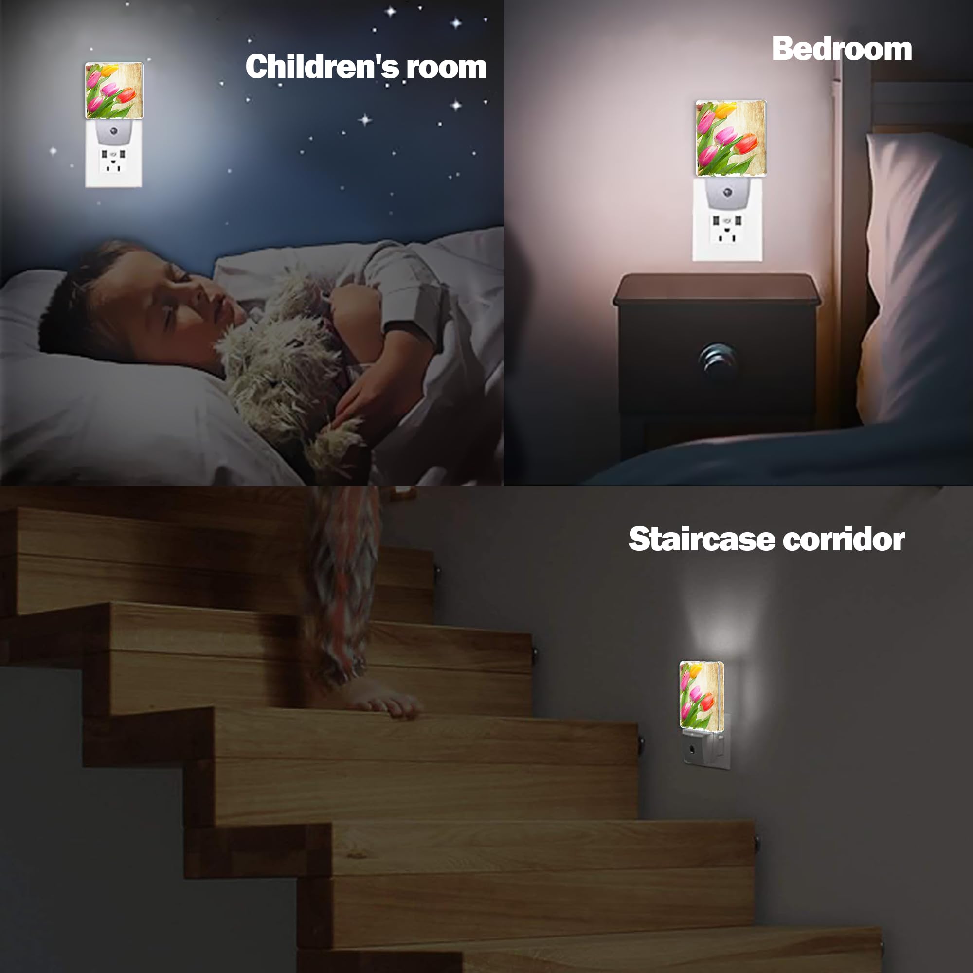 Jopowide Vintage Tulips Night Light Plug In Wall Lamp Smart Dusk To Dawn Sensor For Home Decorative  Kids Room Bedroom Bathroom Kitchen Hallway Gifts