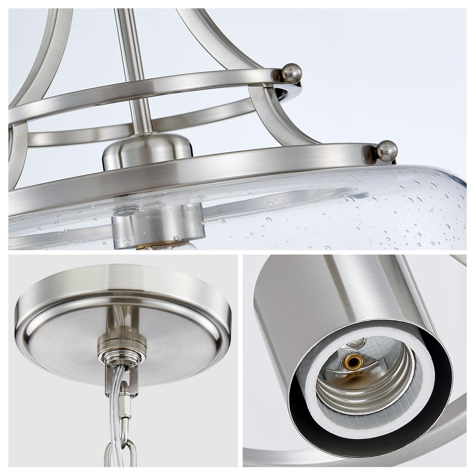 WUZUPS Rustic Farmhouse Chandelier Pendant Light, 17" H x 13.4" W, Brushed Nickel, Clear Seeded Glass Shade, Model USHD30307