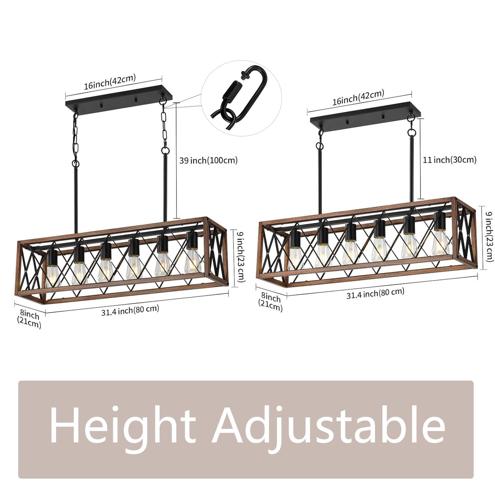 Mueof Farmhouse Kitchen Island Lighting,6-Light Dining Room Light Fixtures Over Table,Rustic Chandelier Wood Grain Finish,Height