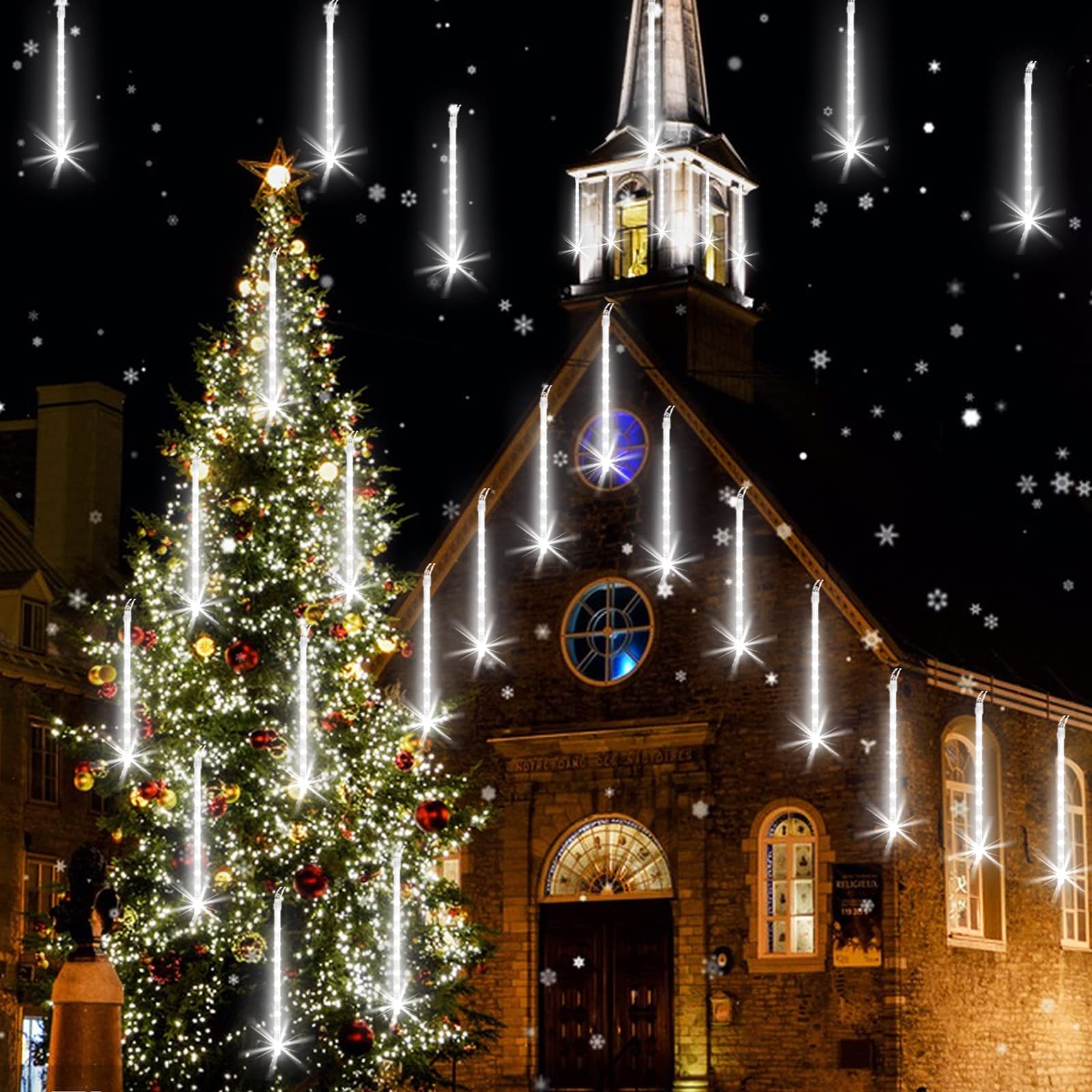 FYYZY Christmas Lights Meteor Shower 384 LEDs Waterproof Icicle String Lights 16 Tubes White for Outdoor Party Home Decoration