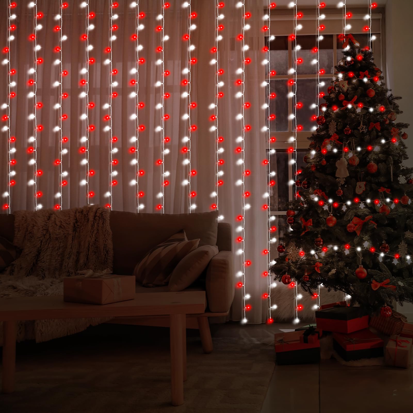 Dealbeta Red White 300Led Christmas Curtain Lights With Remote, 8 Modes, 9.8X9.8Ft