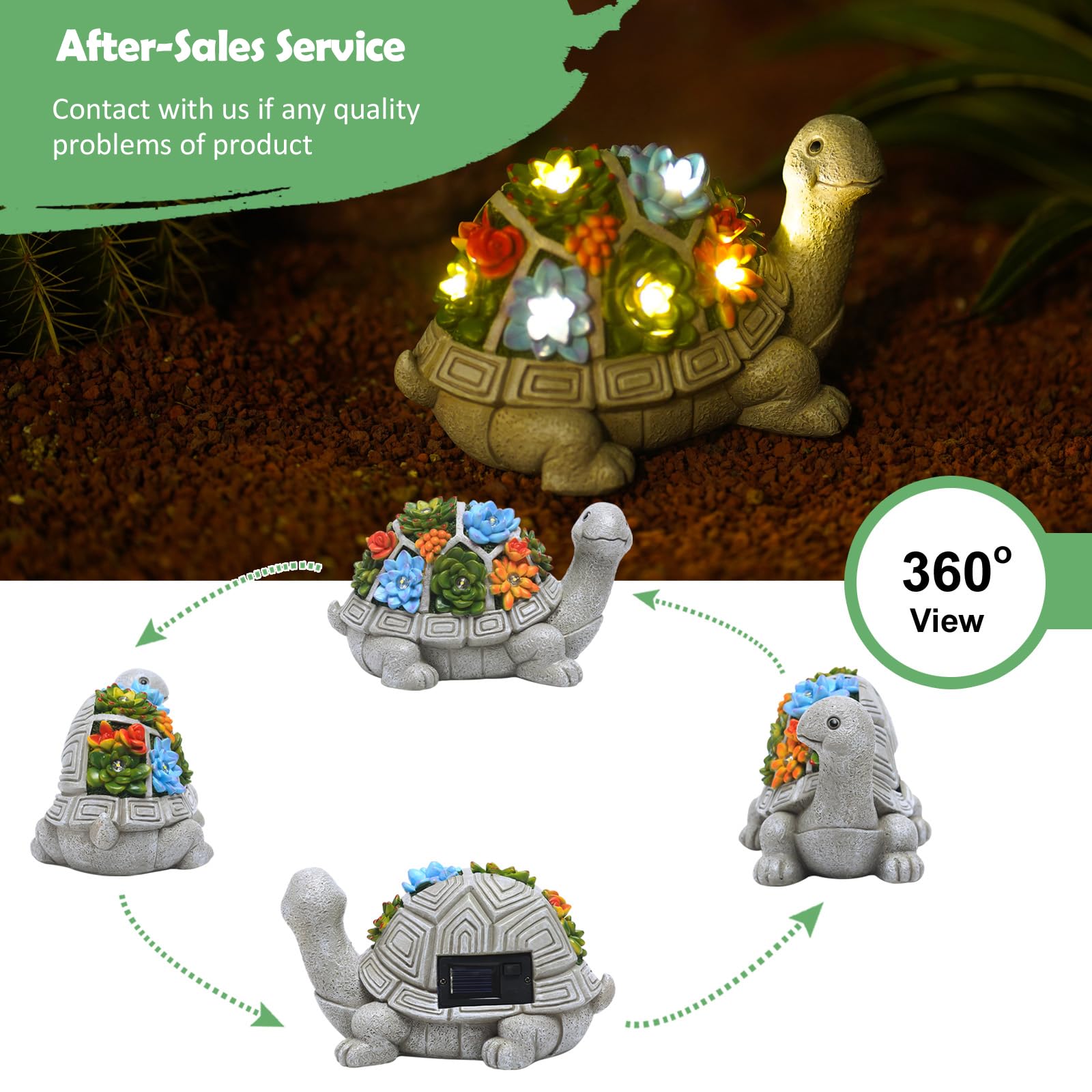 Nacome Solar Garden Outdoor Statues Turtle With Succulent And 7 Led Lights - Lawn Decor Tortoise Statue For Patio, Balcony, Yard Ornament - Unique Housewarming Gifts