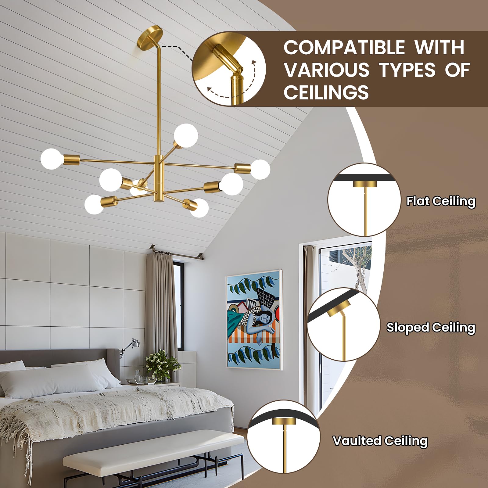 Kaisite Modern Chandelier Sputnik Ceiling Light Fixture 8-Light Gold Chandelier Dining Room Light Over Table Height Adjustable M