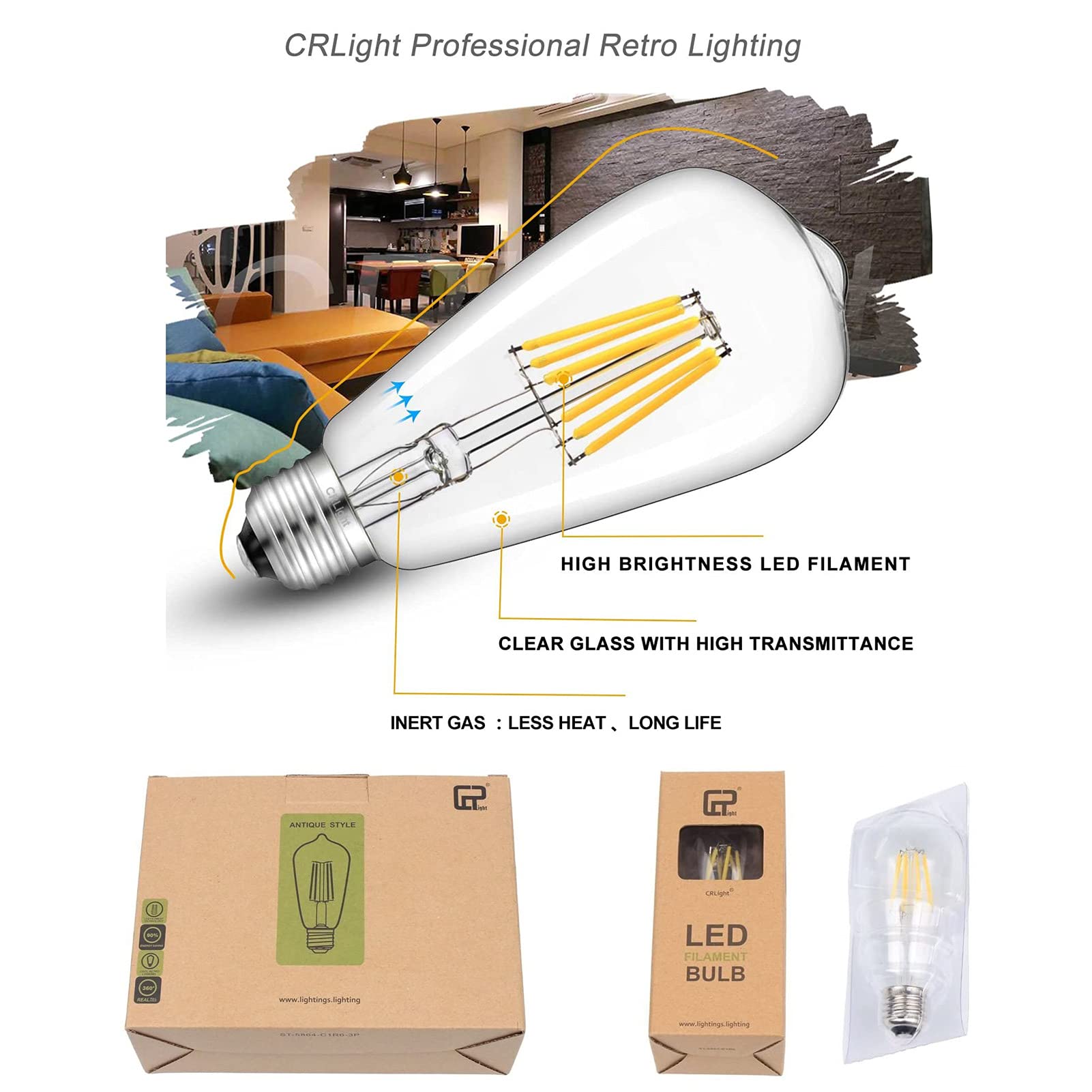 Crlight 6W Led Edison Bulb, Soft White 3200K, 70W Equivalent, Dimmable, Pack Of