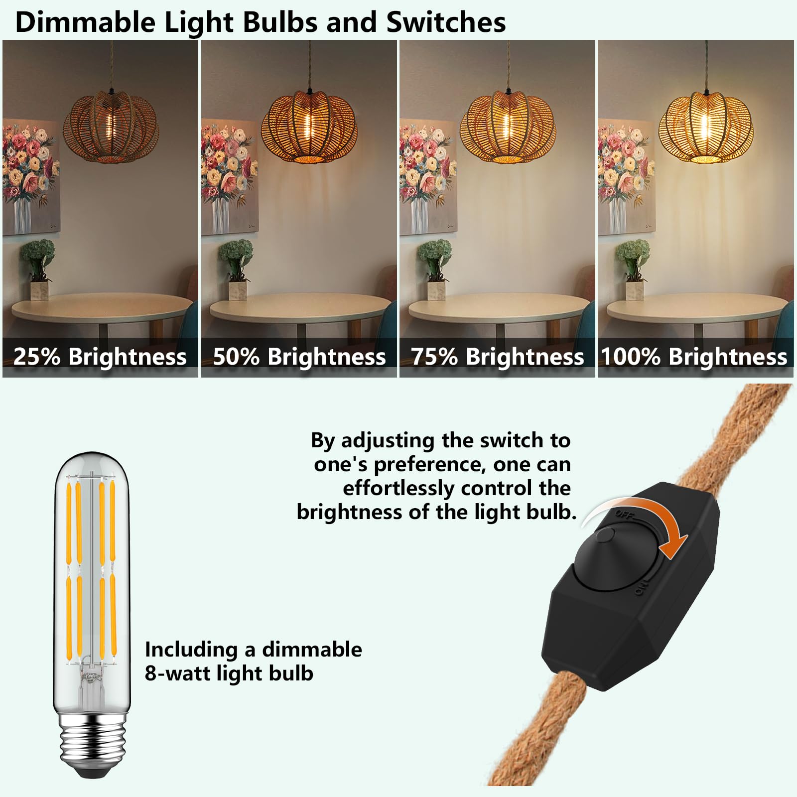 Tebio Rattan Plug-In Pendant Light, Dimmable 15Ft Hemp Rope Cord, Boho Indoor Hanging Lamp