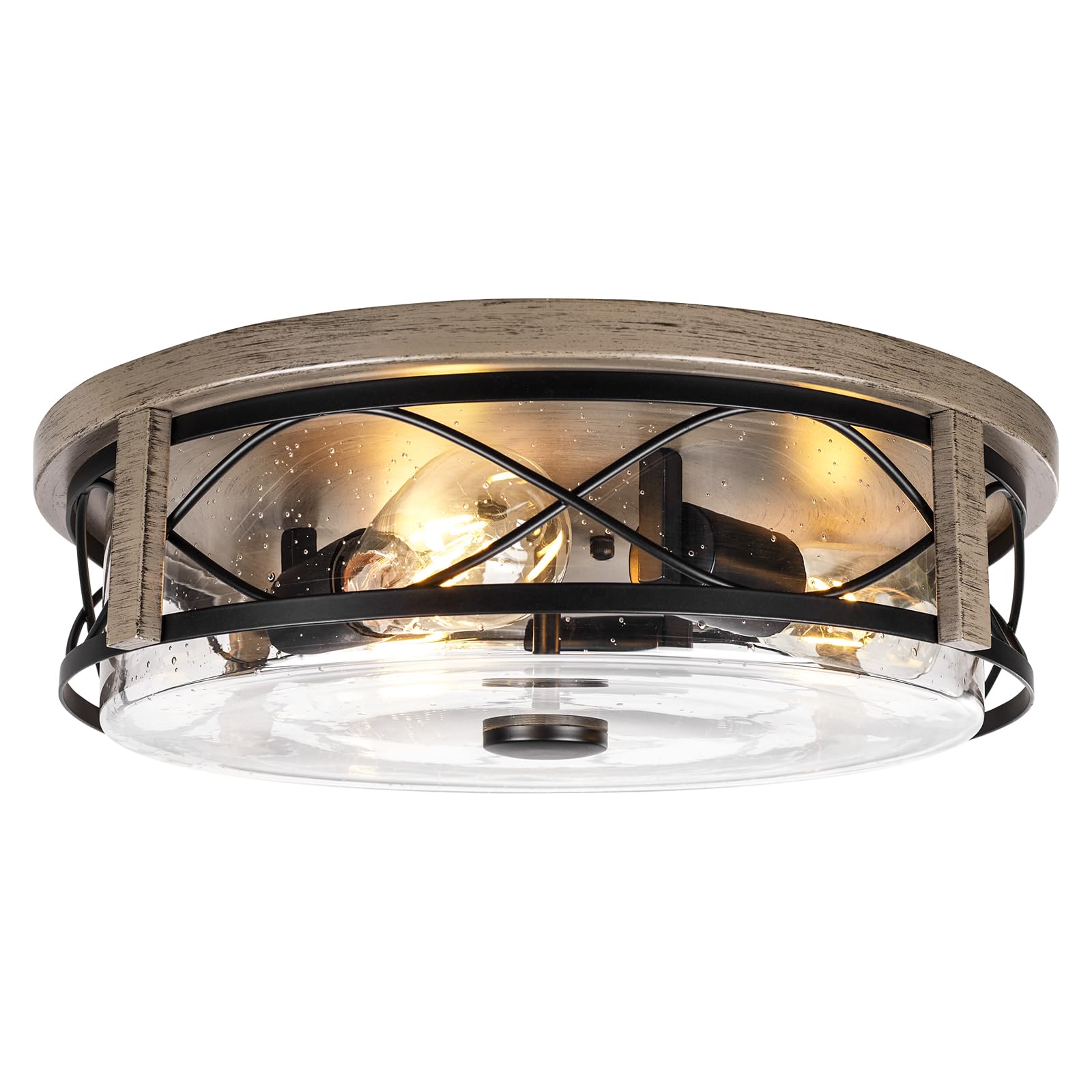 Rosient 16&quot; Farmhouse Flush Mount Ceiling Light, 3-Light Wood Grain, Seeded Glass, Large Indoor/Outdoor