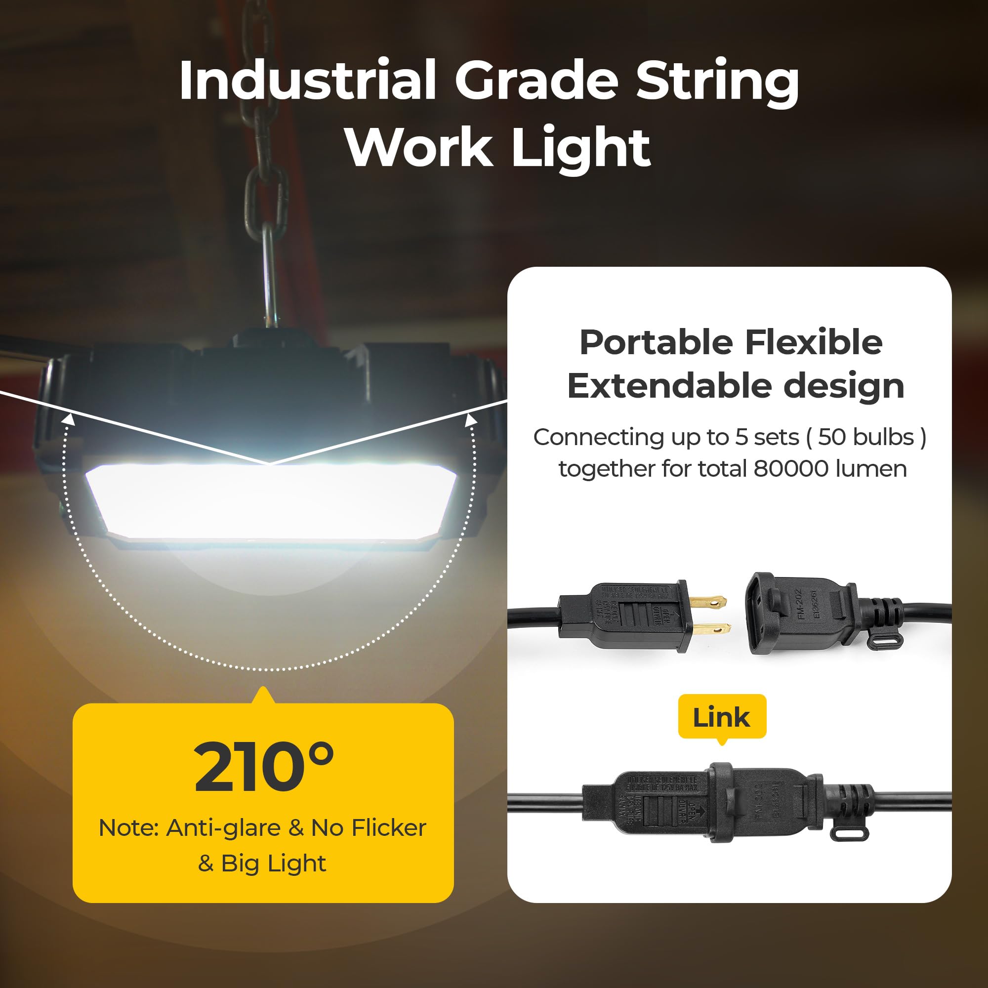 Omlite 180W LED String Lights - ETL Listed, IP65 Waterproof, Black, 18AWG Wire for Outdoor, Jobsite, Garage, Temporary Lighting