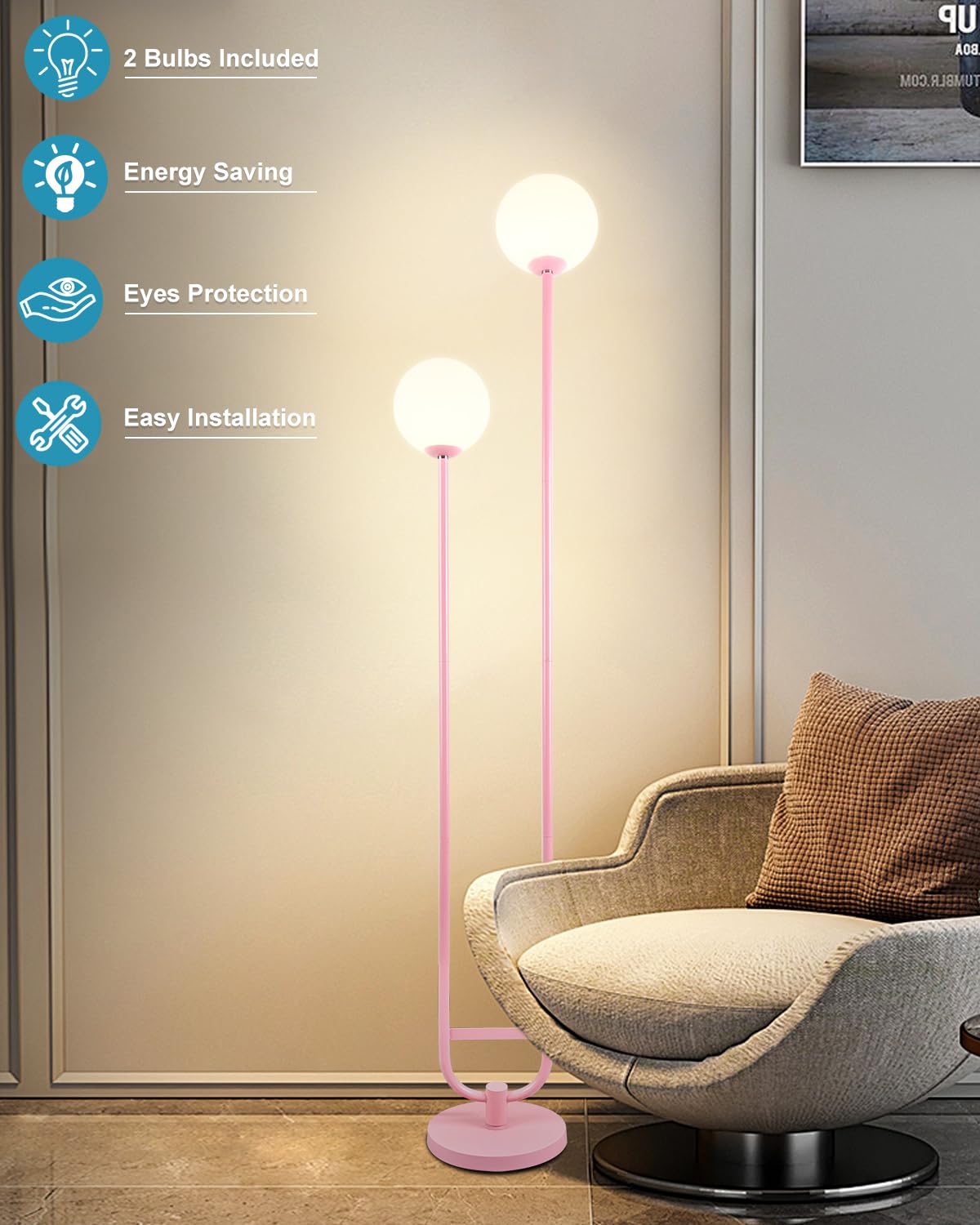 Lightdot 63IN Gold Floor Lamp - 2 Globe Mid Century Design with Warm White LED Bulbs, Unique Vintage Style for Living Room/Wedding/Party