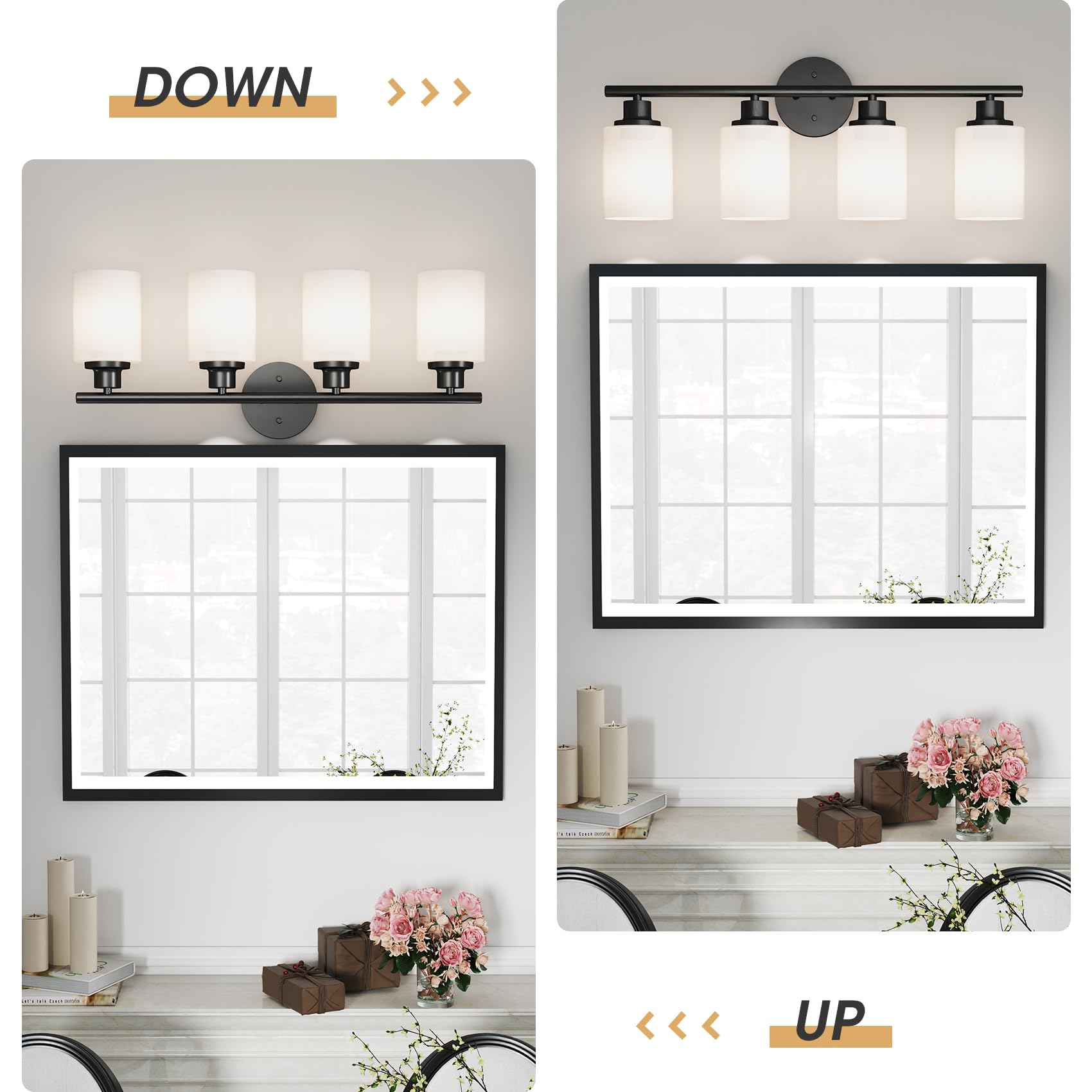 Weyderk Black Bathroom Vanity Light - 4-Light Bathroom Light Fixtures With White Glass Shades, Ul Certification & E26 Base Bathr