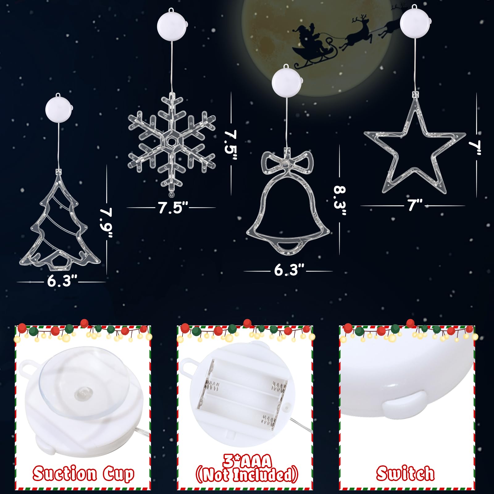 Waipfaru 4 PCS Christmas Window Lights with Timer, Multicolor Jingle Bell & Snowflake Decor, Model ISL001-D