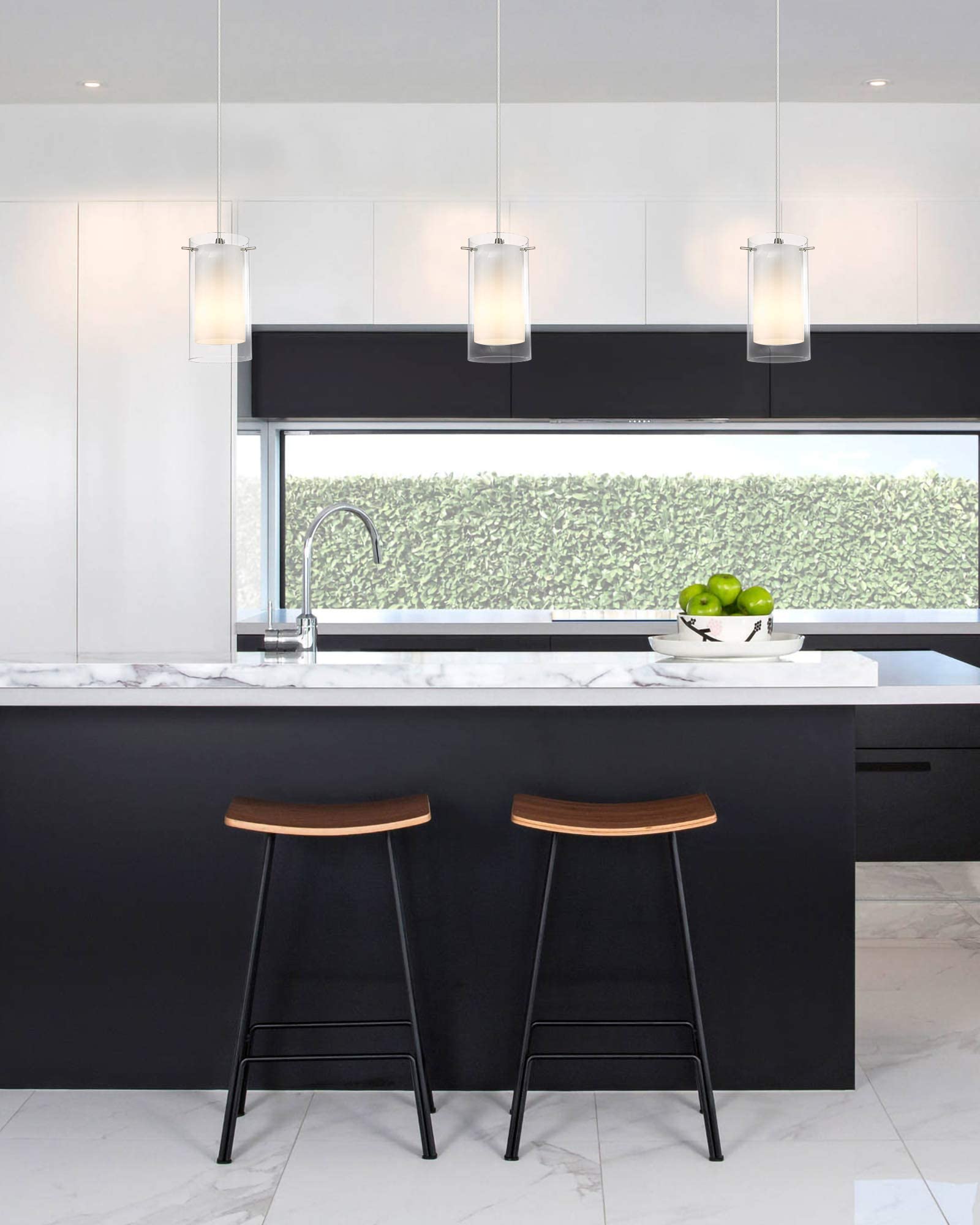 AKEZON 1-Light Pendant Light Fixture, Adjustable Glass Hanging Light, Brushed Nickel, Model KP-506, Ideal for Kitchen Dining Room