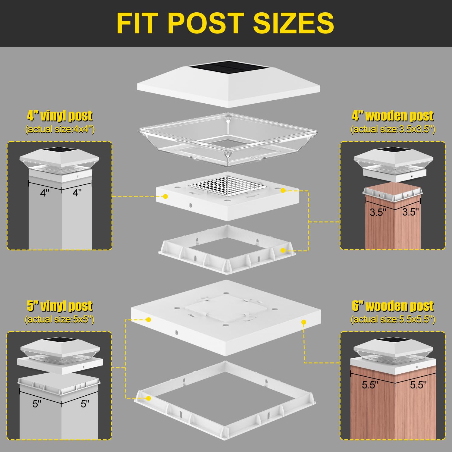 T-Sun Bright Solar Post Cap Lights 6 Pack - Outdoor Waterproof Solar Powered Deck Fence Post Lights For Wooden (4X4/6X6) & Vinyl