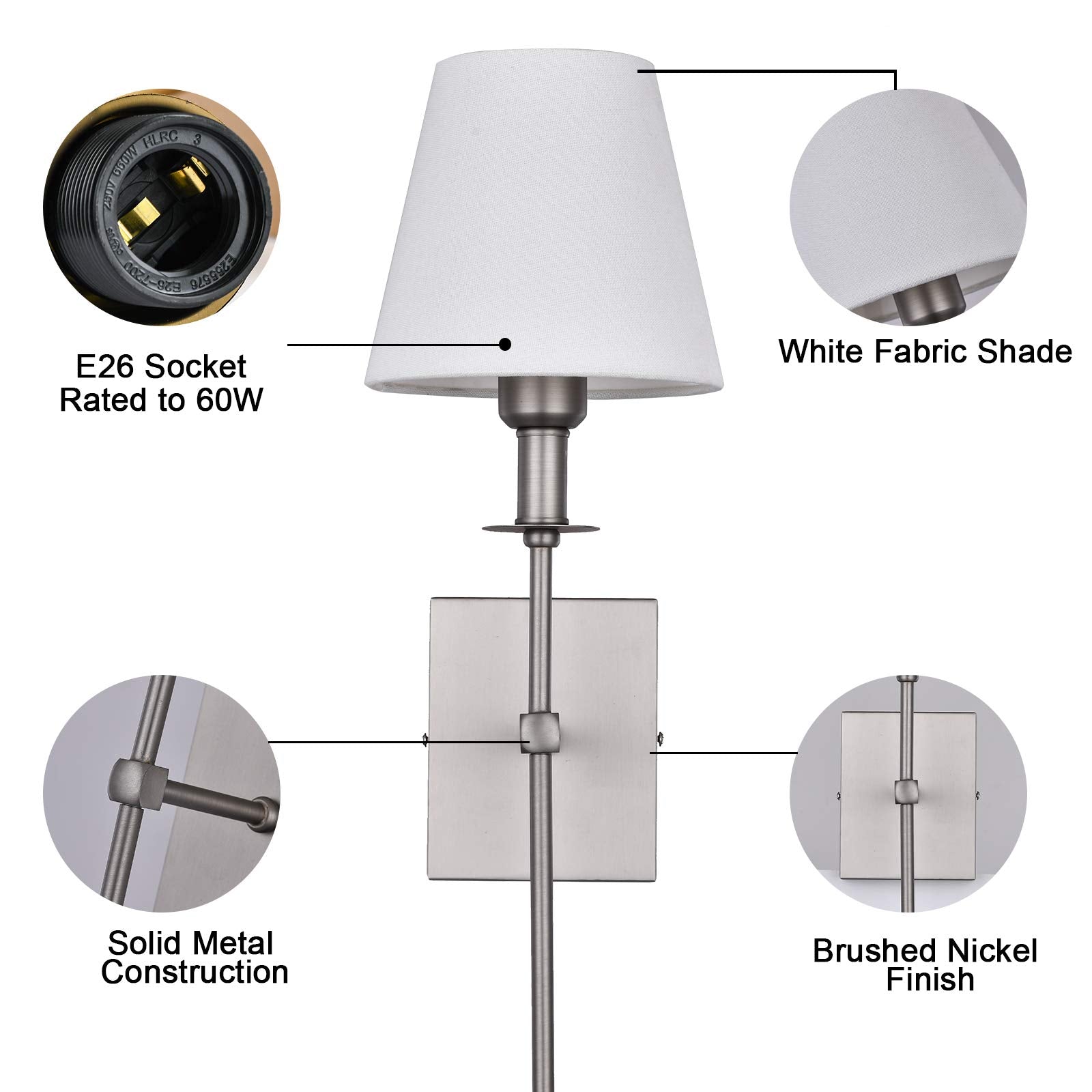 Pauwer Slim Wall Sconce Set of 2 White Fabric Shade Wall Sconce Hardwired Indoor Wall Light Column Stand Bedroom Wall Lamp Bathr