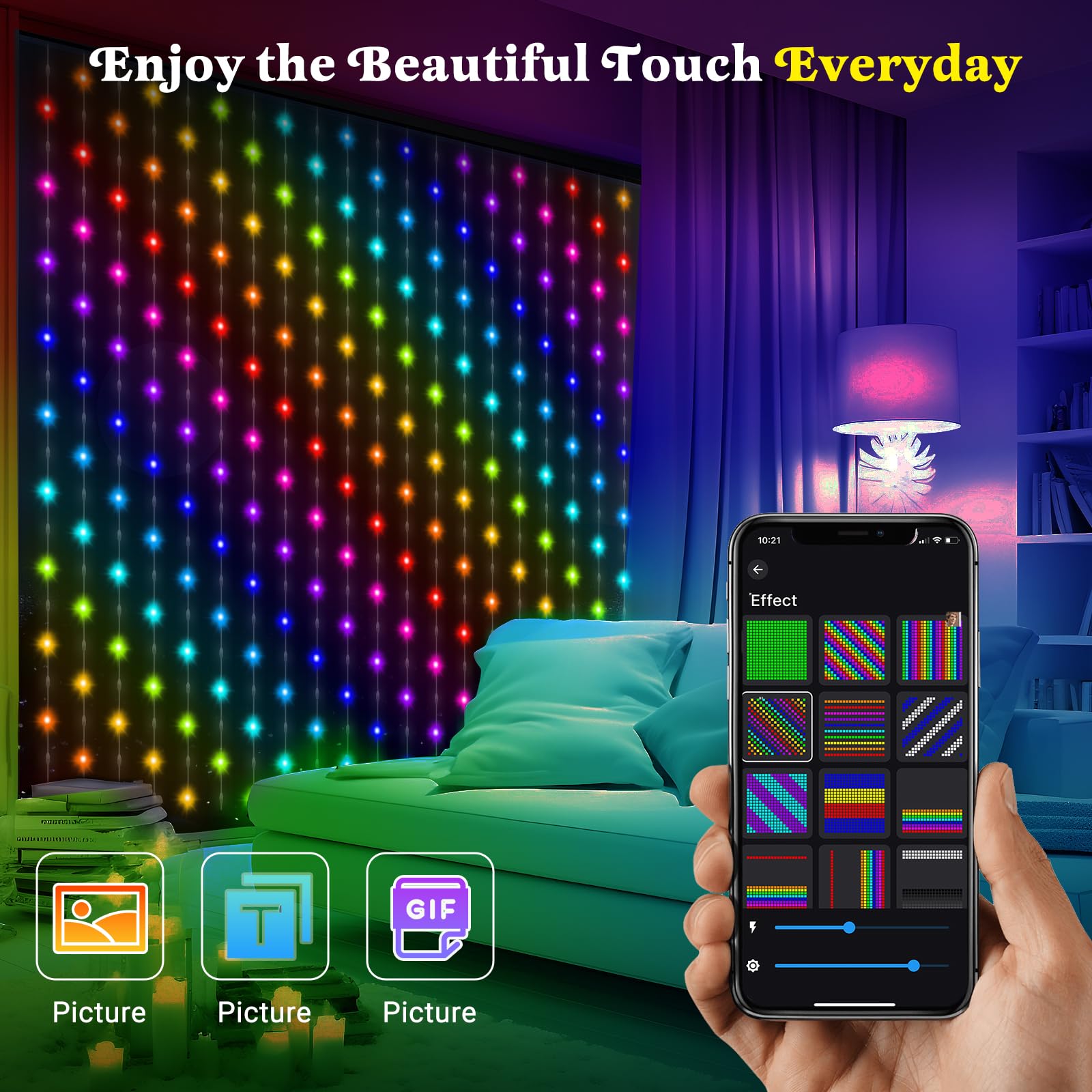 CoziTech Smart Curtain Lights 400 LED, Multicolor, 6.6x6.6 FT, APP + Remote Control, Model CT-RB0707-ZN, Ideal for Bedroom &