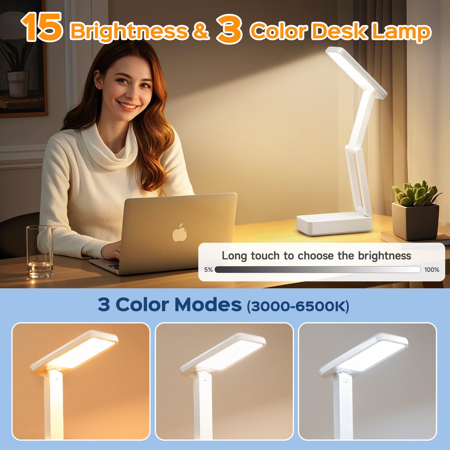Coolnight Small Desk Lamp, 6000 Mah Rechargeable Desk Lamps, 3 Colors & 15 Brightness Portable Light With Usb Charger, Nail Lamp