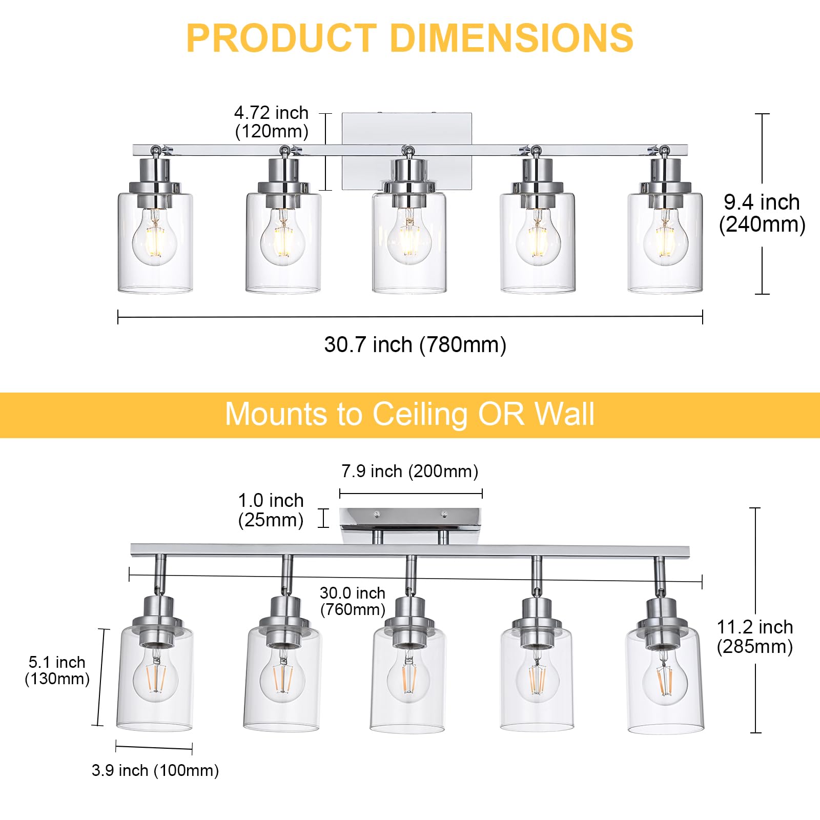 Wanluce 5-Light Track Lighting Kit Ceiling Kitchen Track Lighting Fixtures Chrome Bathroom Vanity Wall Lights With Clear Glass Multi-Directional Rotating Tracking Light Heads Spotlight For Accent Shop