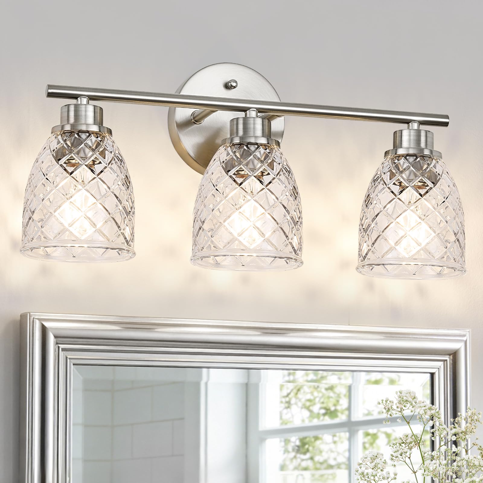 Szohva 3-Light Bathroom Light Fixtures, Modern Brushed Nickel Vanity Light Over Mirror, Wall Sconce with Clear Hammered Glass Sh
