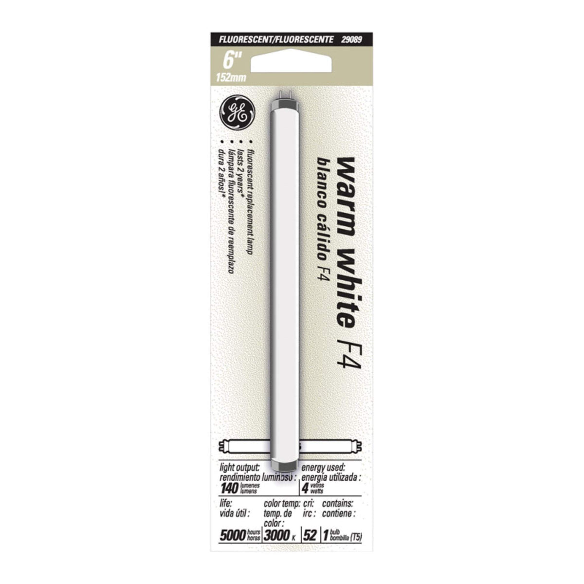Ge 4W Warm White T5 Fluorescent Light Bulb F4T5/Ww/Cd - 6&quot; Glass Energy Efficient