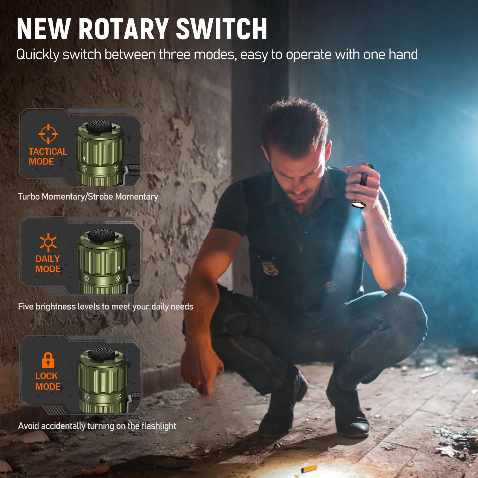 Wurkkos TD07 LED Tactical Flashlight, 1300 Lumen, USB-C Rechargeable, IP68 Waterproof, Small, Olive Green