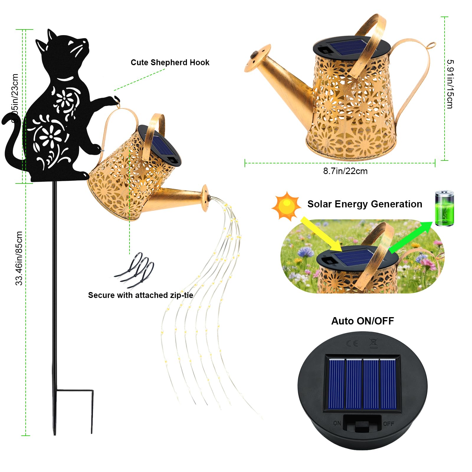 yulloyello Solar Watering Can Lights - Waterproof Cat Lantern for Garden Decor, Model XSH6546, Perfect Gift for Cat Lovers