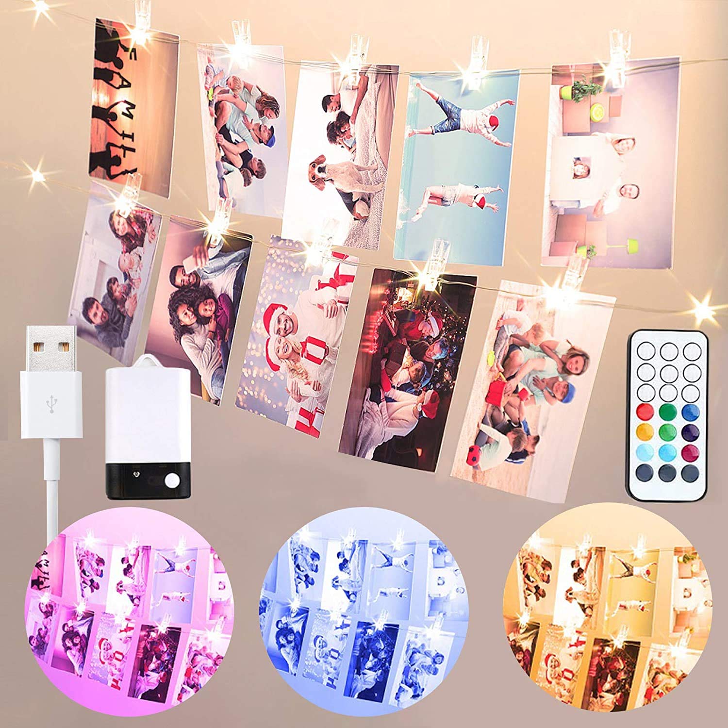 20 LED Photo Clip String Lights, 6.56ft 10 Color Changing Battery Operated & USB Fairy Lights with Remote Timer for Hanging Photo Banner, Cards, Memos, Picture Holder, Indoor Ambiance Wall Decor