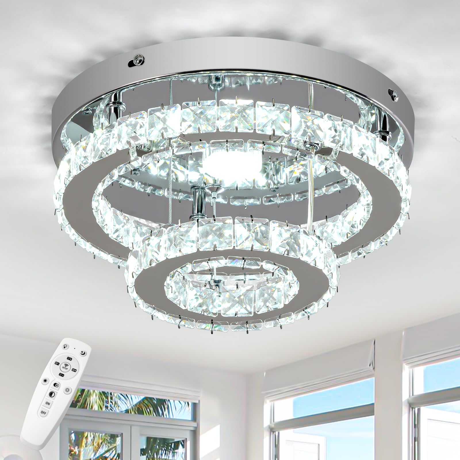 Rheafon Crystal Ceiling Light Modern Round Crystal Chandeliers With Remote Control 2 Layers Flush Mount Led Ceiling Light Fixtur