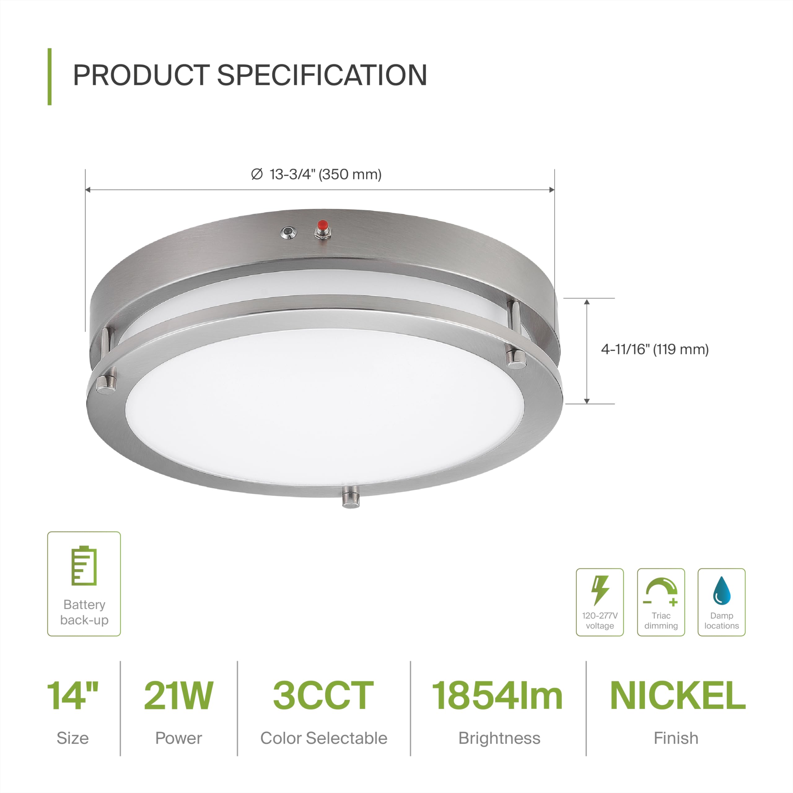 Asd Led 14 Inch Round Flush Mount Light Fixture | 21W 1860Lm 3000K-5000K 100-277V | 3Cct, Dimmable, Battery Backup, Etl Listed |