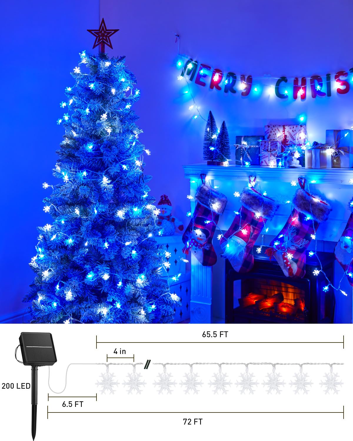 Brightown Solar Christmas Snowflake String Lights, 200 LED, 72FT, Waterproof, 8 Lighting Modes, Blue & Pure White, Model SOLAR-SNOWFLAKE-200LED-BPW